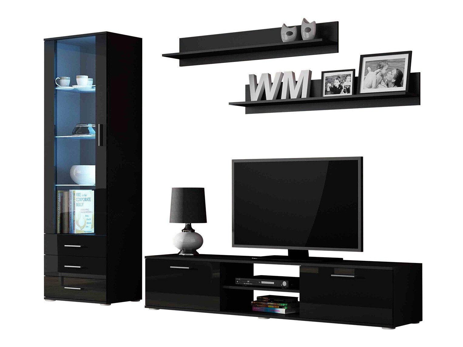 Svetainės komplektas Tornola 107 (Juoda + Blizgi juoda)