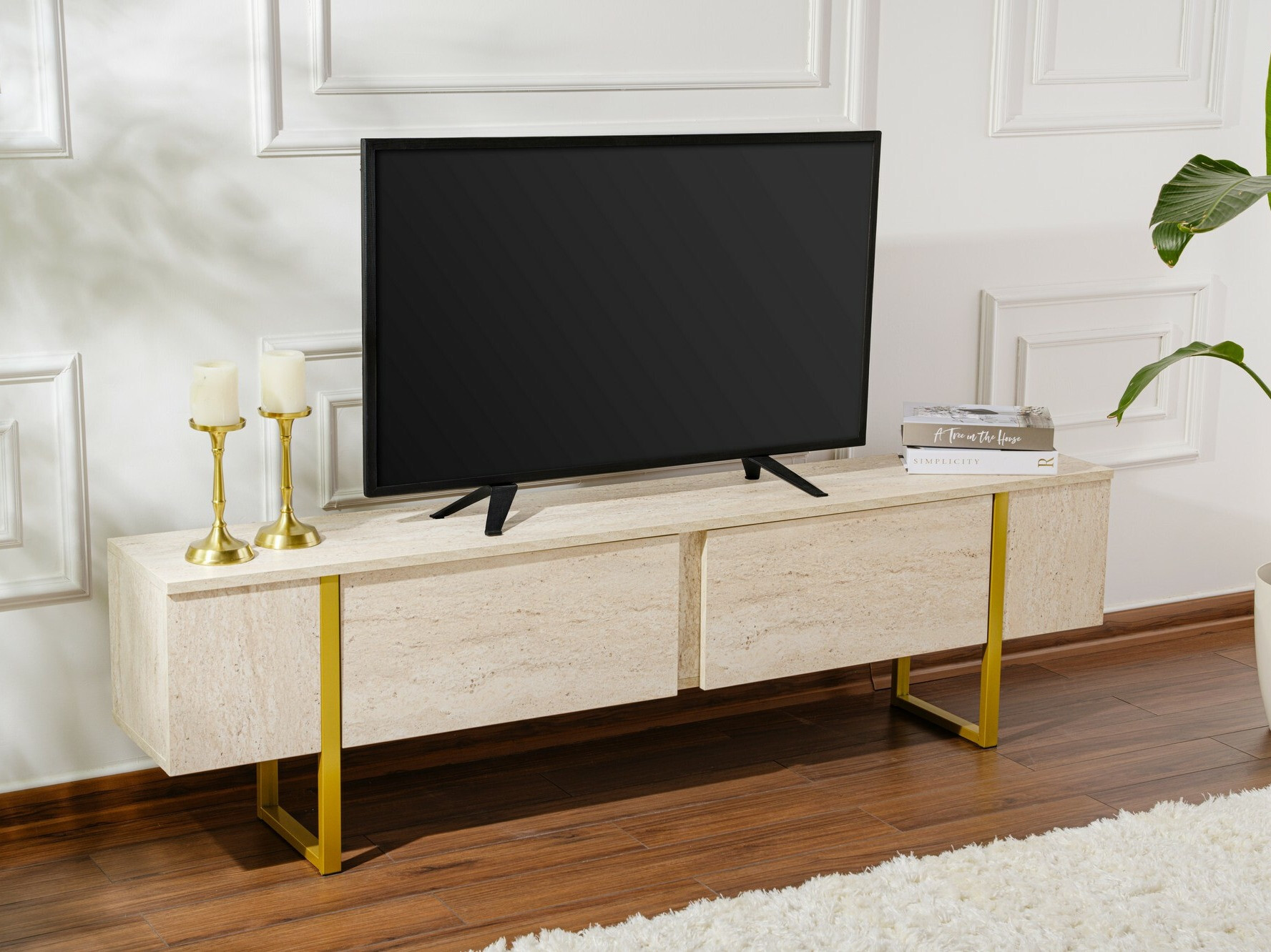 TV staliukas Novato 105 (Šviesi Travertine + Auksinė)