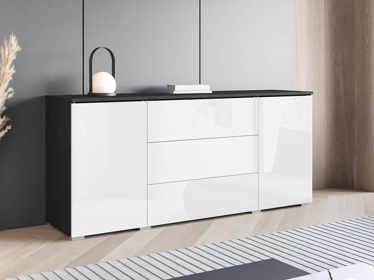 Komoda Mirfivo 102 (Matera pilka + Blizgi balta)