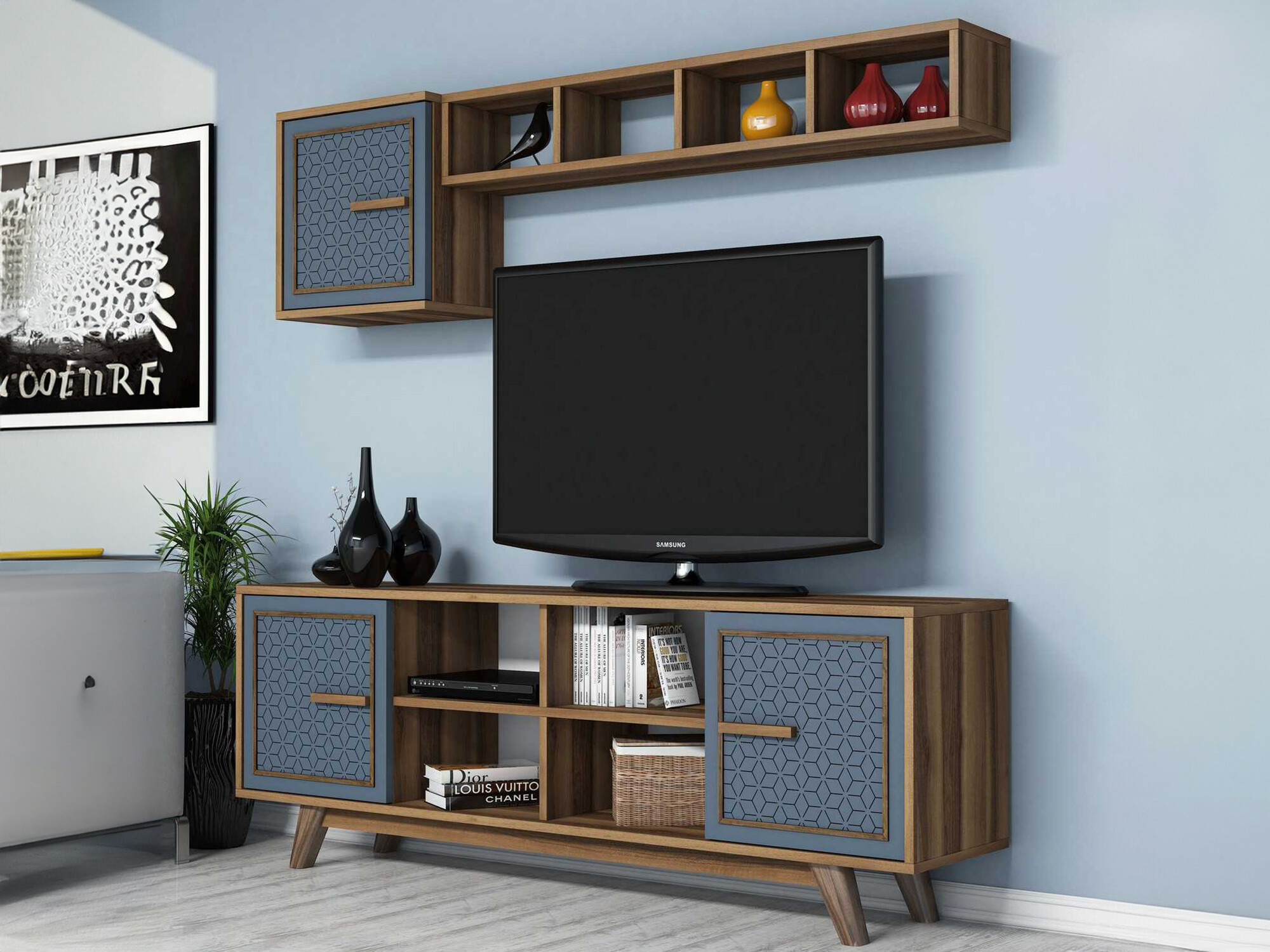 Svetainės komplektas Kailua 1590 (Graikinis riešutas + Mėlyna)