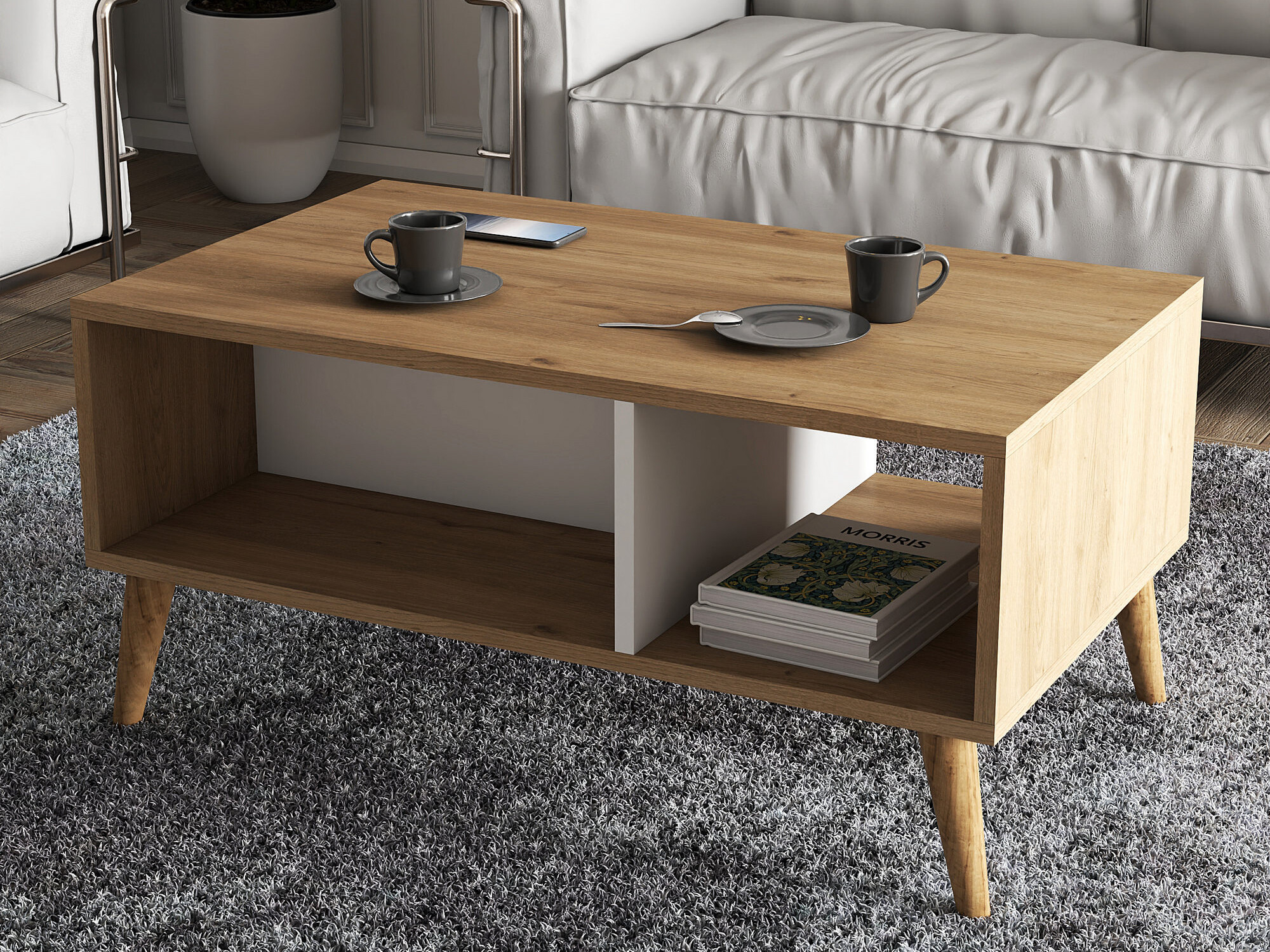 Žurnalinis staliukas Nolcava 104 (Balta + Ąžuolas)