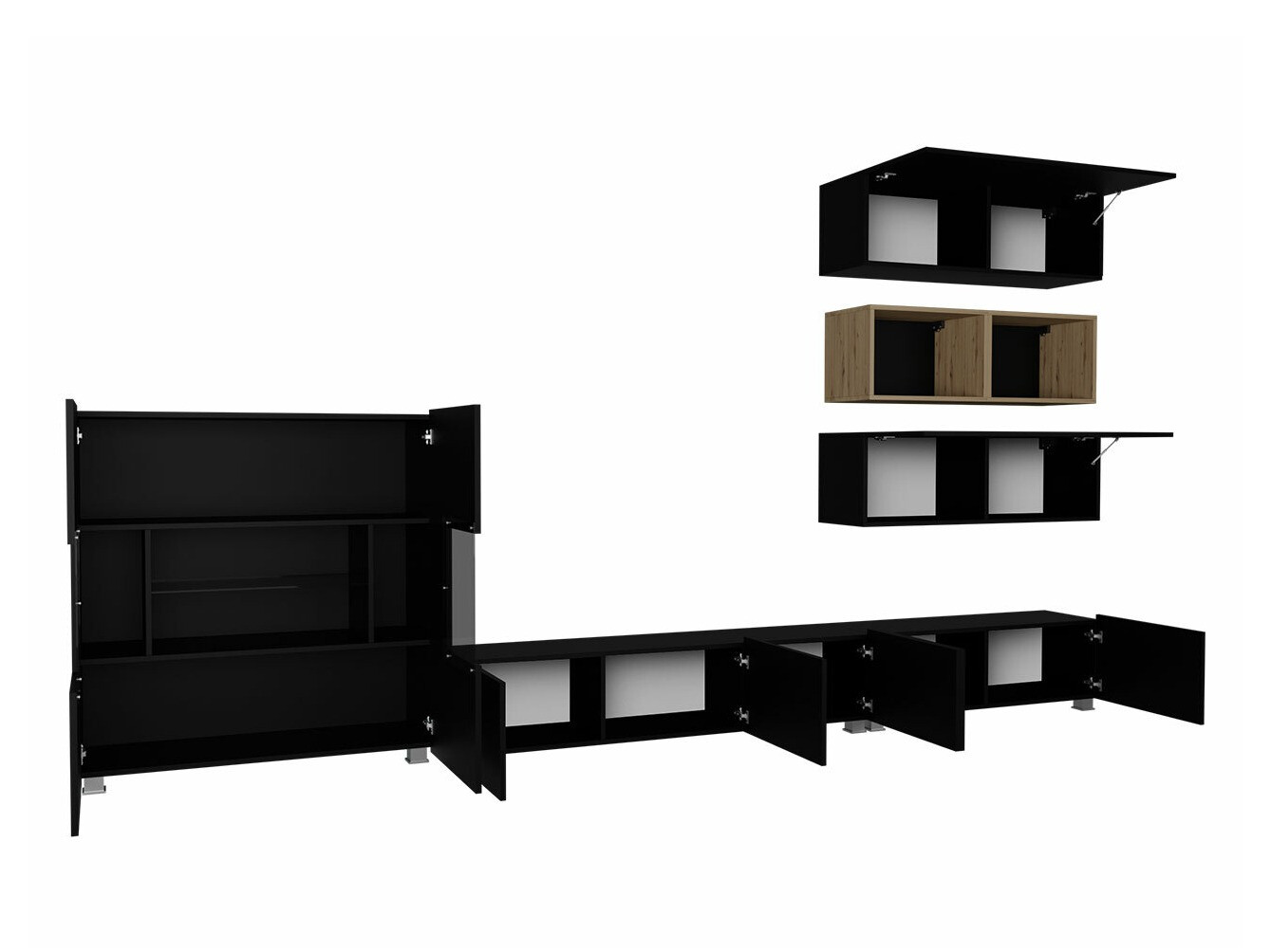 Svetainės komplektas Tivdalu 148 (Juoda + Blizgi juoda + Artisan ąžuolas)