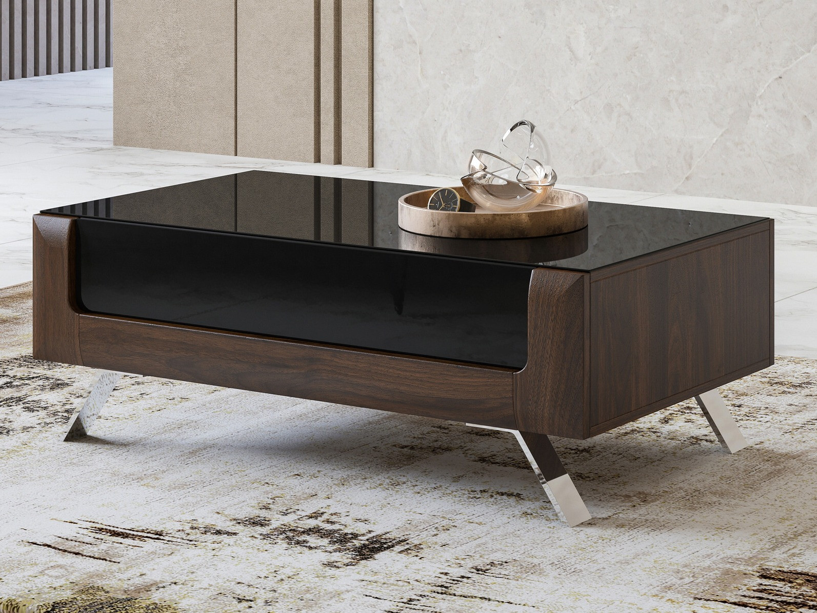 Žurnalinis staliukas Sovera 108 (Riešutas + Blizgi juoda)