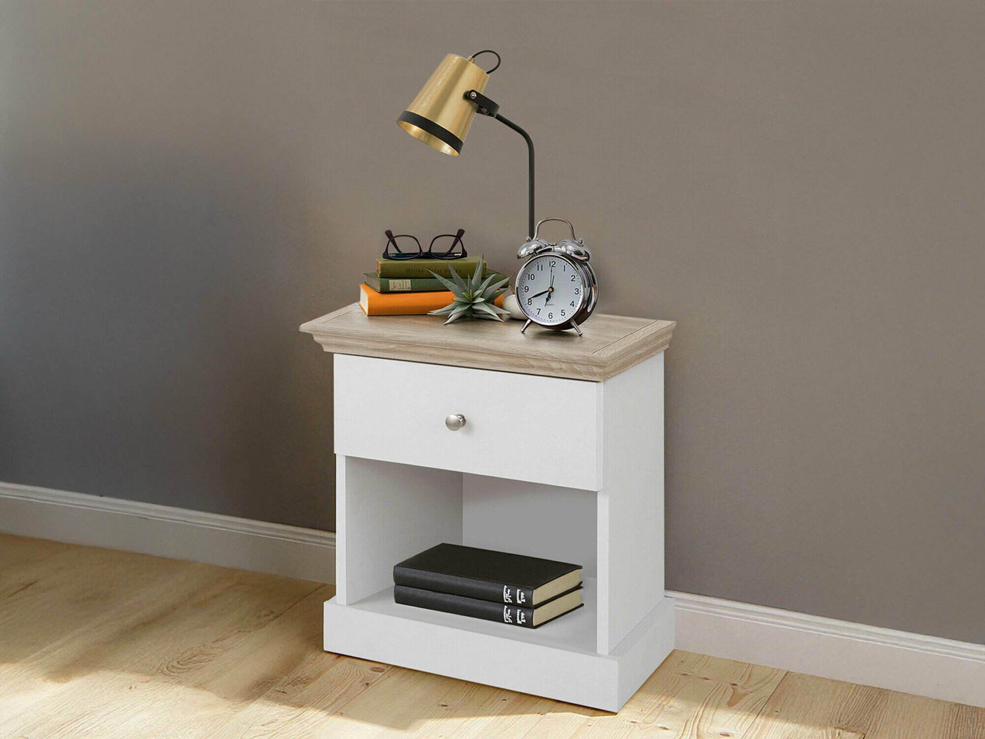 Naktinis staliukas Lirveri 111 (Balta + Šviesus ąžuolas)