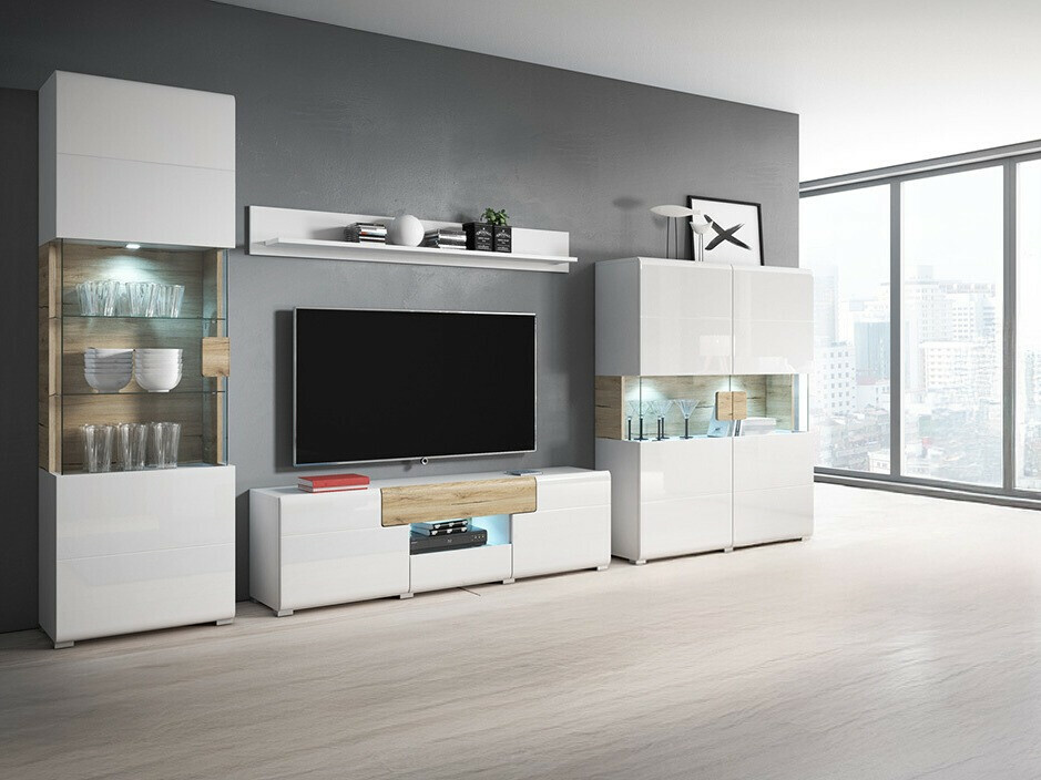 Svetainės komplektas Torsone 104 (Balta + Blizgi balta + San Remo ąžuolas)