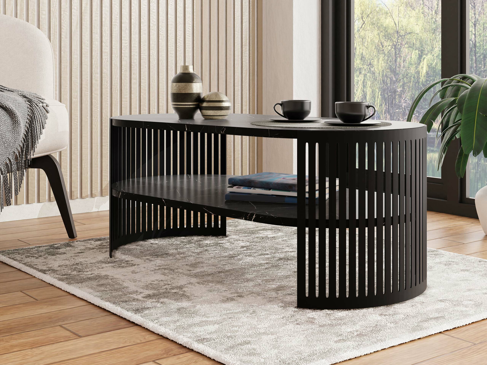 Žurnalinis staliukas Sordore 115 (Juoda + Juodas marmuras)