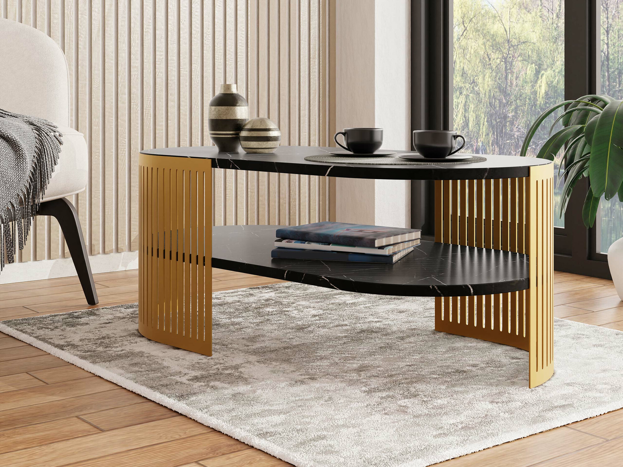 Žurnalinis staliukas Sordore 119 (Auksinė + Juodas marmuras)