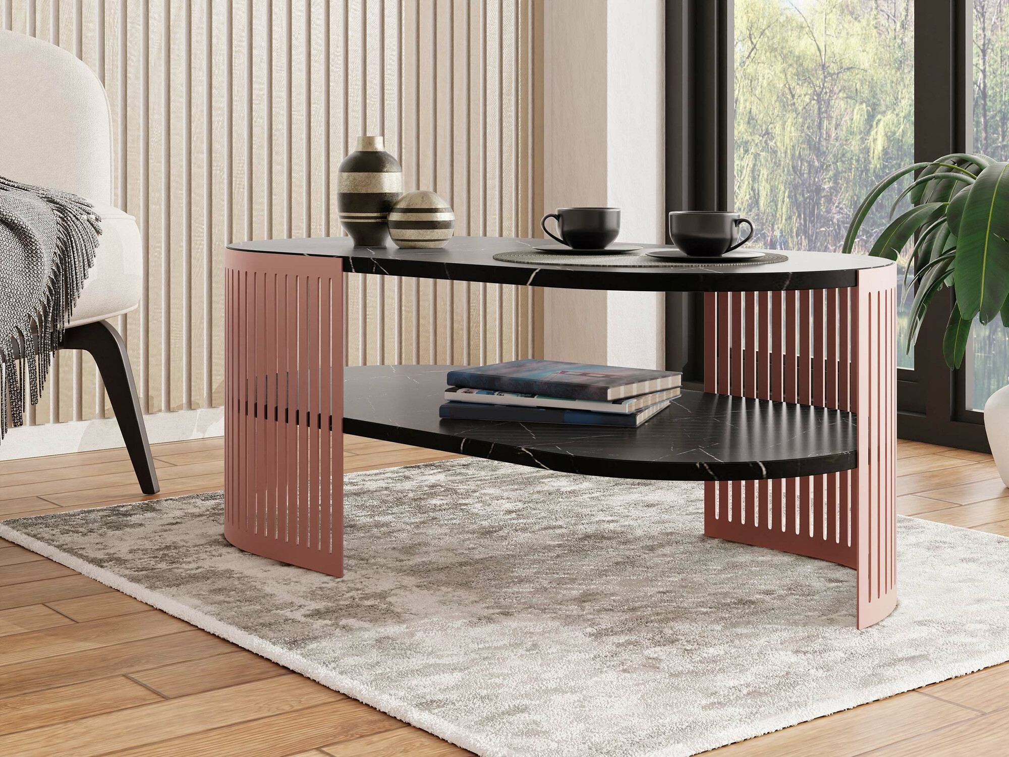 Žurnalinis staliukas Sordore 120 (Rožinė + Juodas marmuras)