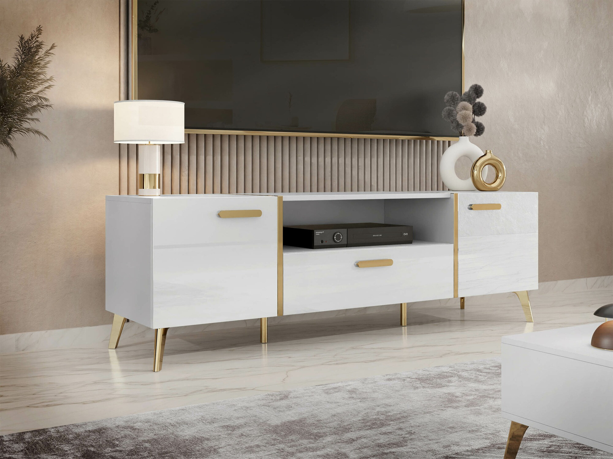 TV staliukas Comfivo Teslomo 113 (Balta + Blizgi balta)