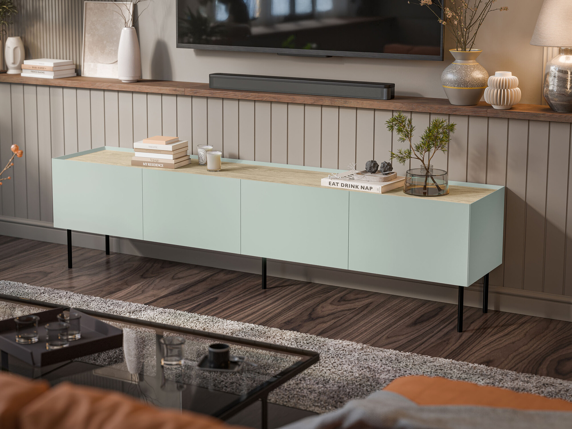 TV staliukas Melbela 107 (Šviesus alyvmedis + Ąžuolas)