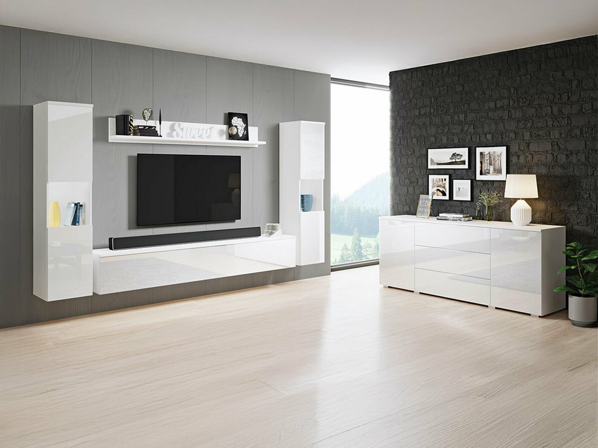 Svetainės komplektas Sarasota 133 (Balta + Blizgi balta)