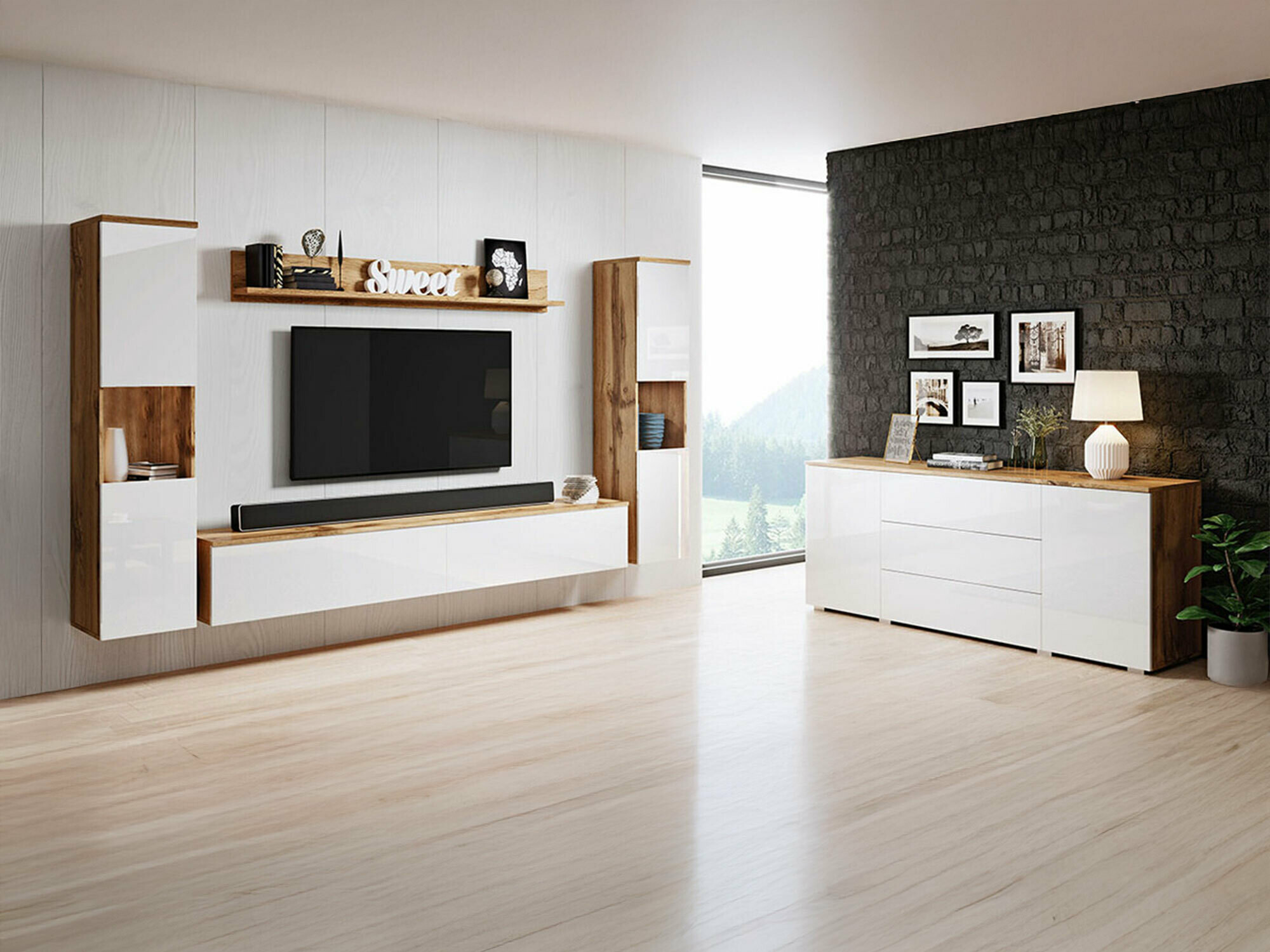 Svetainės komplektas Sarasota 133 (Votan ąžuolas + Blizgi balta)