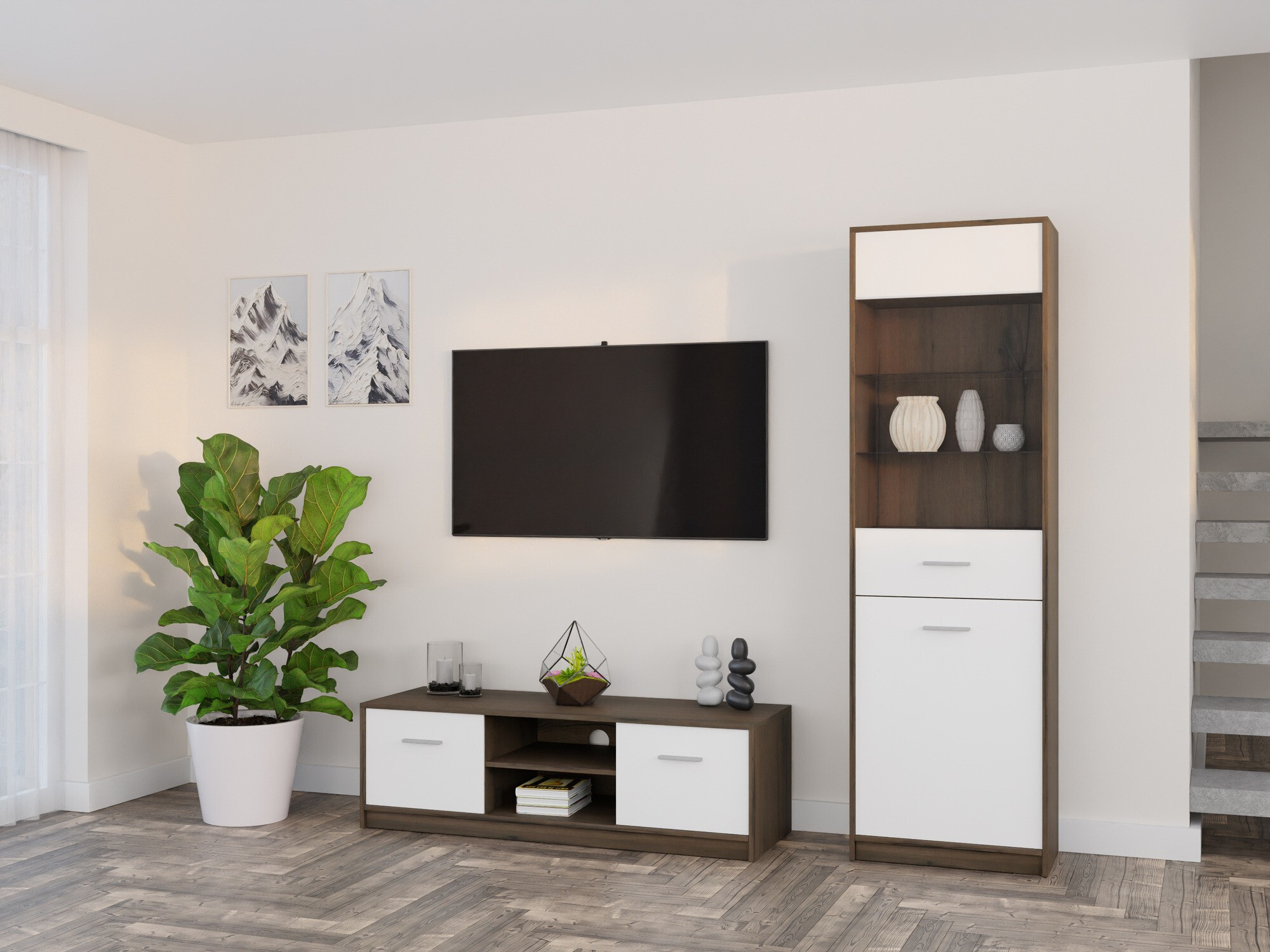 Svetainės komplektas Novsore 161 (Tamsus ąžuolas + Balta)