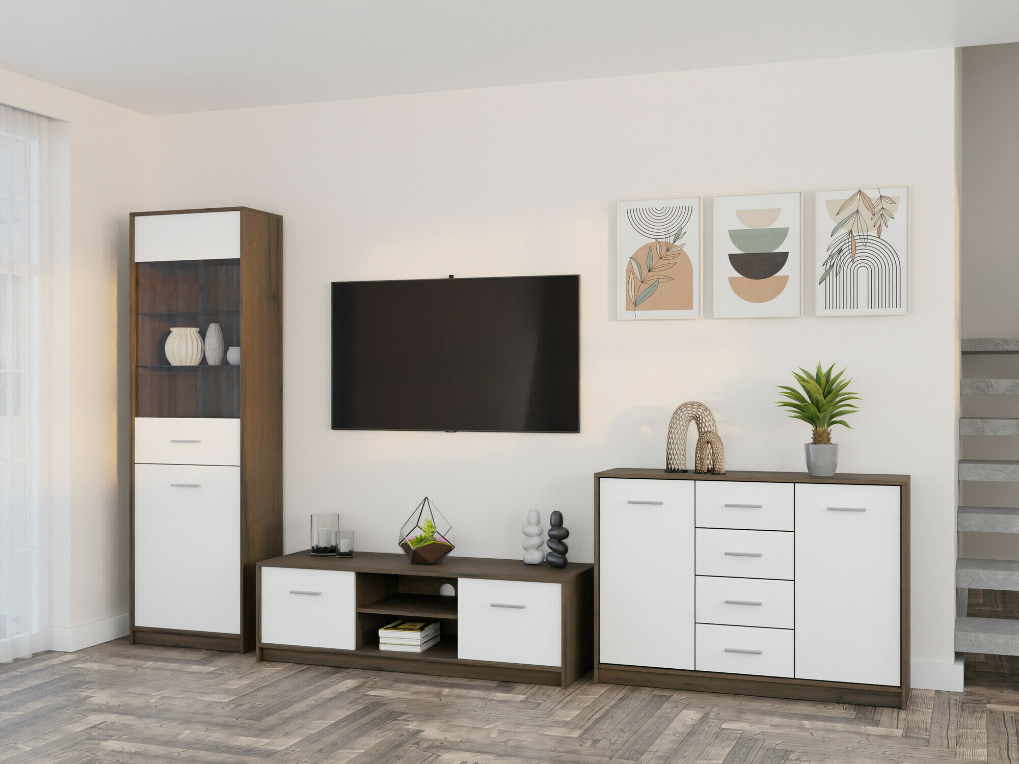 Svetainės komplektas Novsore 162 (Tamsus ąžuolas + Balta)