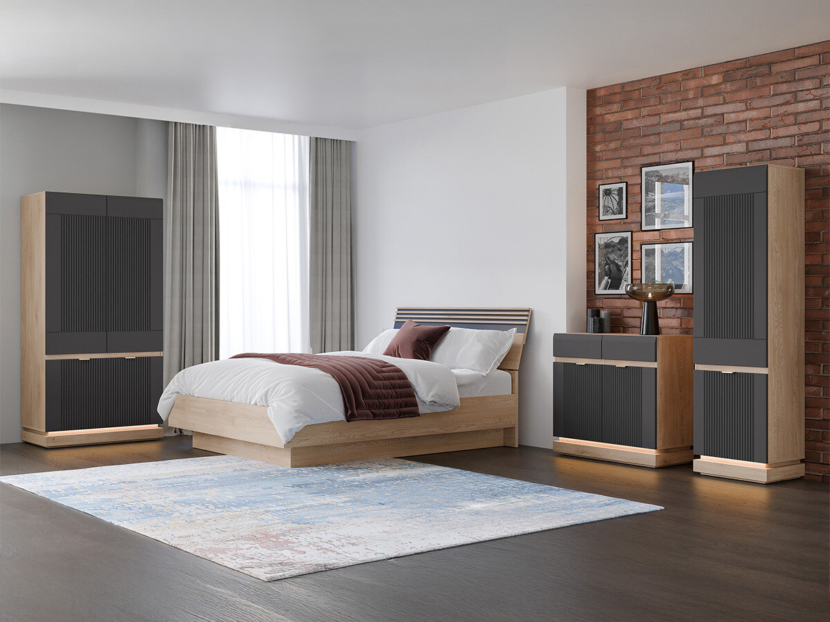 Miegamojo komplektas Teselbu 117 (Antracitas + Ąžuolas)