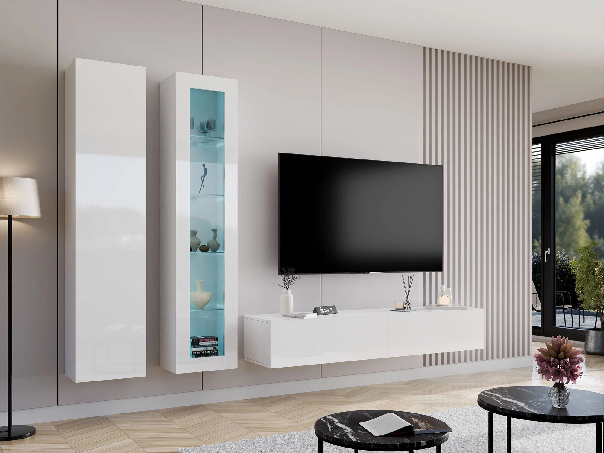 Svetainės komplektas Vilrin I (Balta + Blizgi balta)