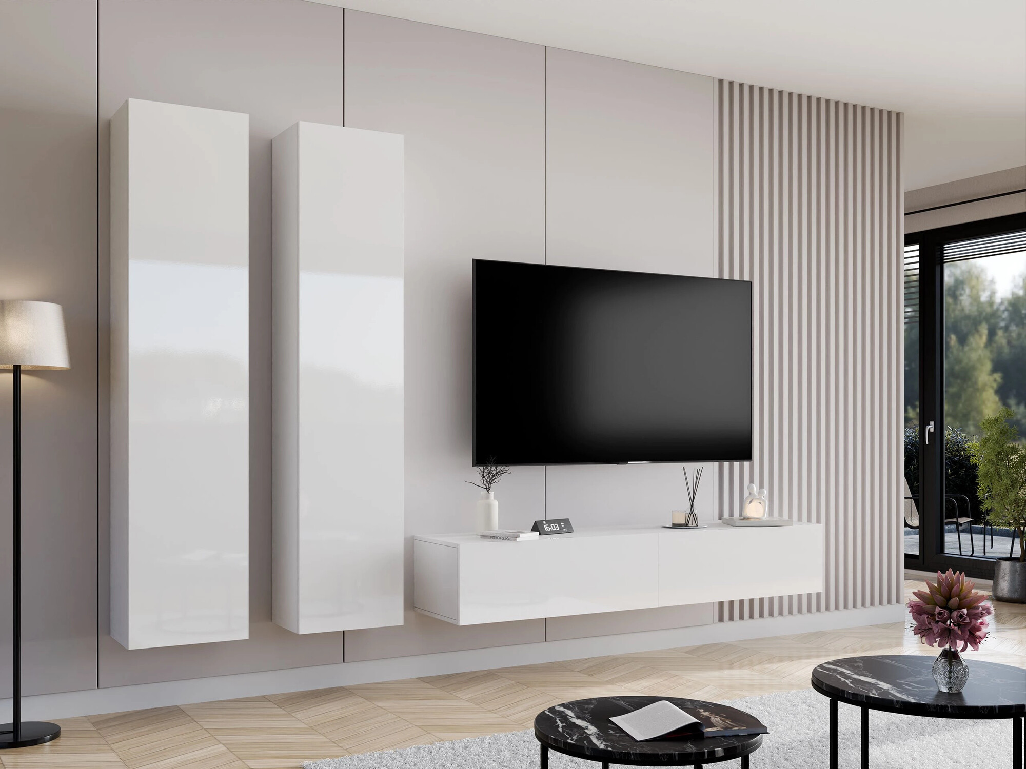 Svetainės komplektas Vilrin II (Balta + Blizgi balta)