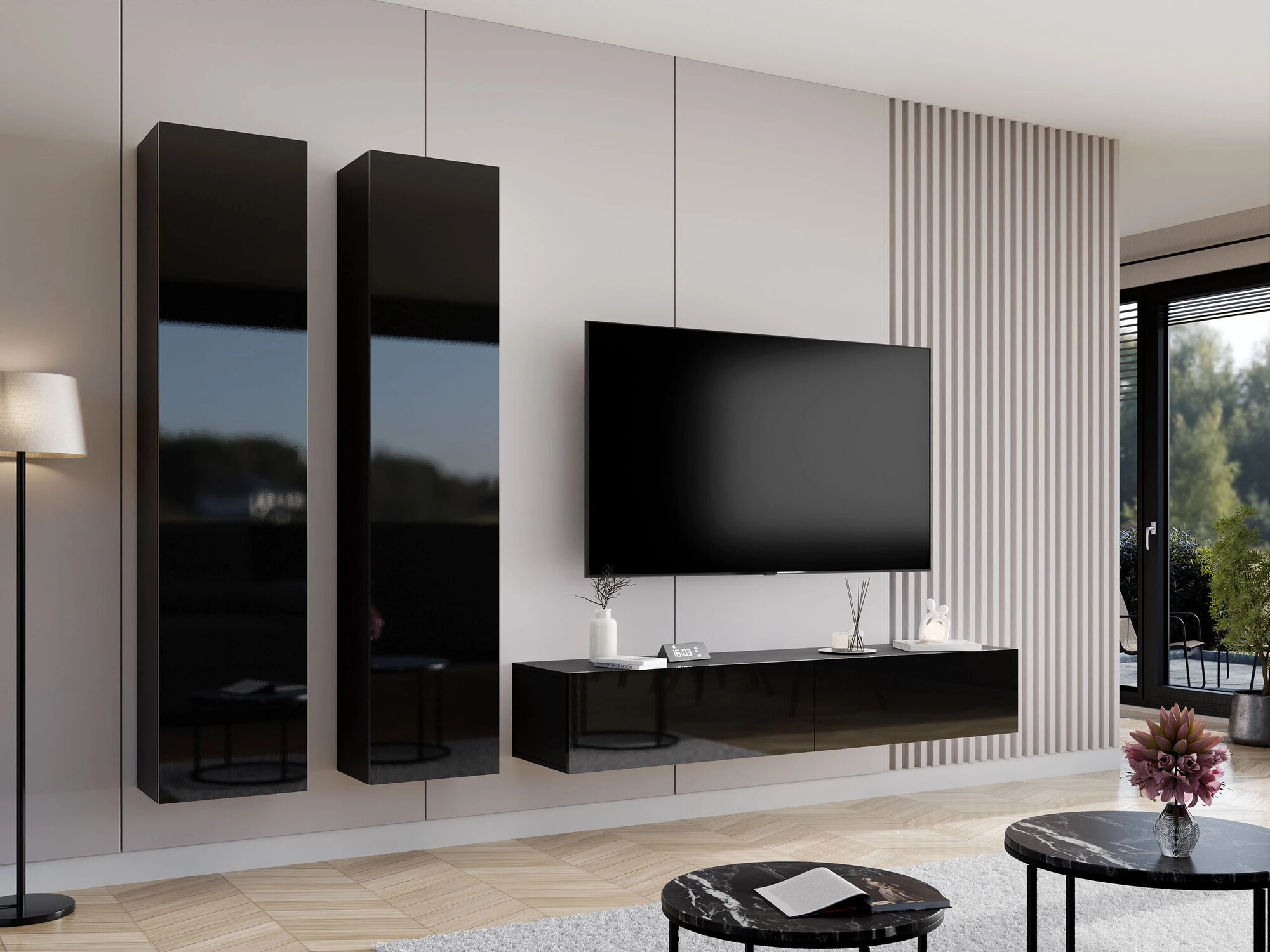 Svetainės komplektas Vilrin II (Juoda + Blizgi juoda)