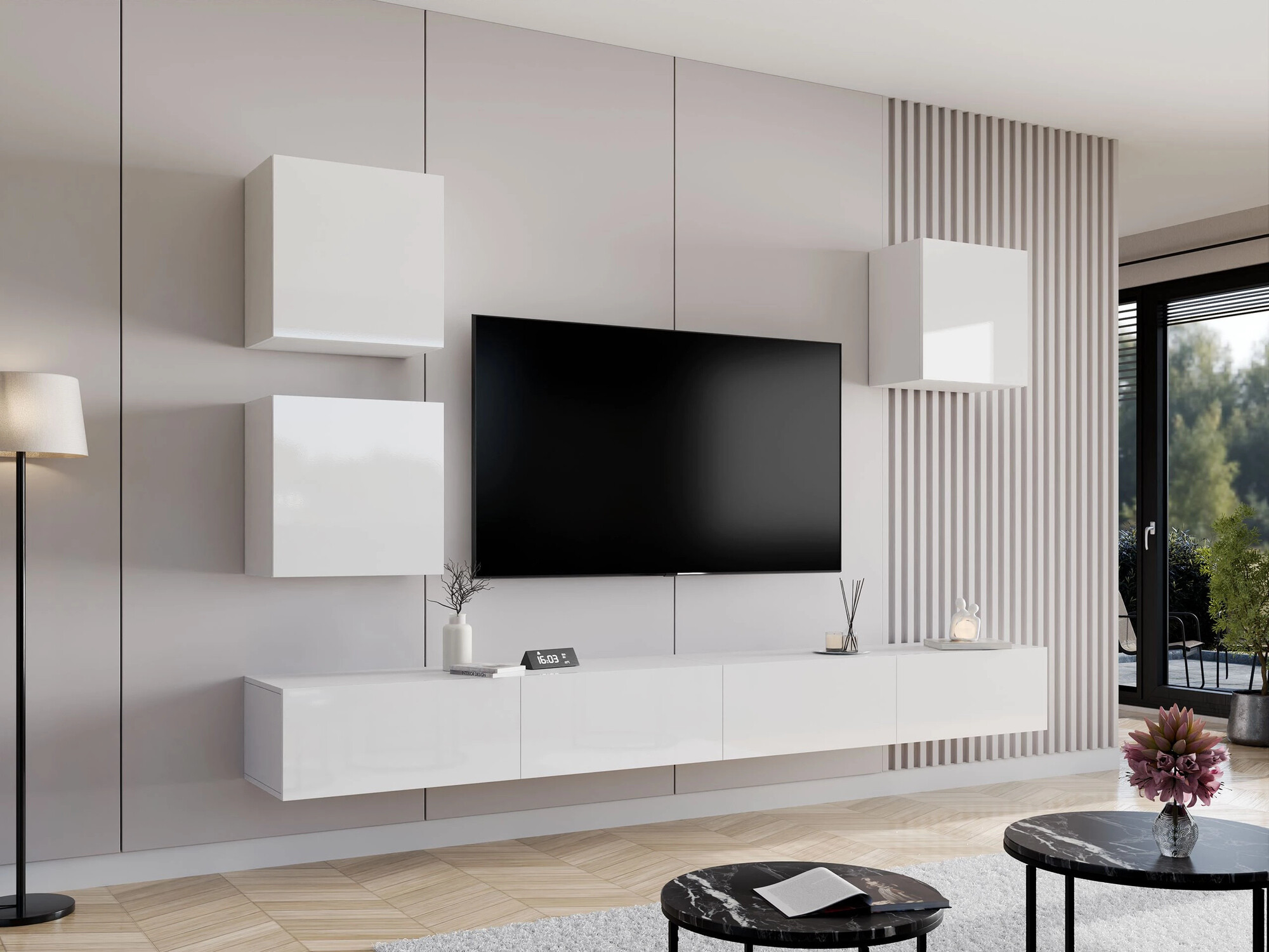 Svetainės komplektas Vilrin III (Balta + Blizgi balta)