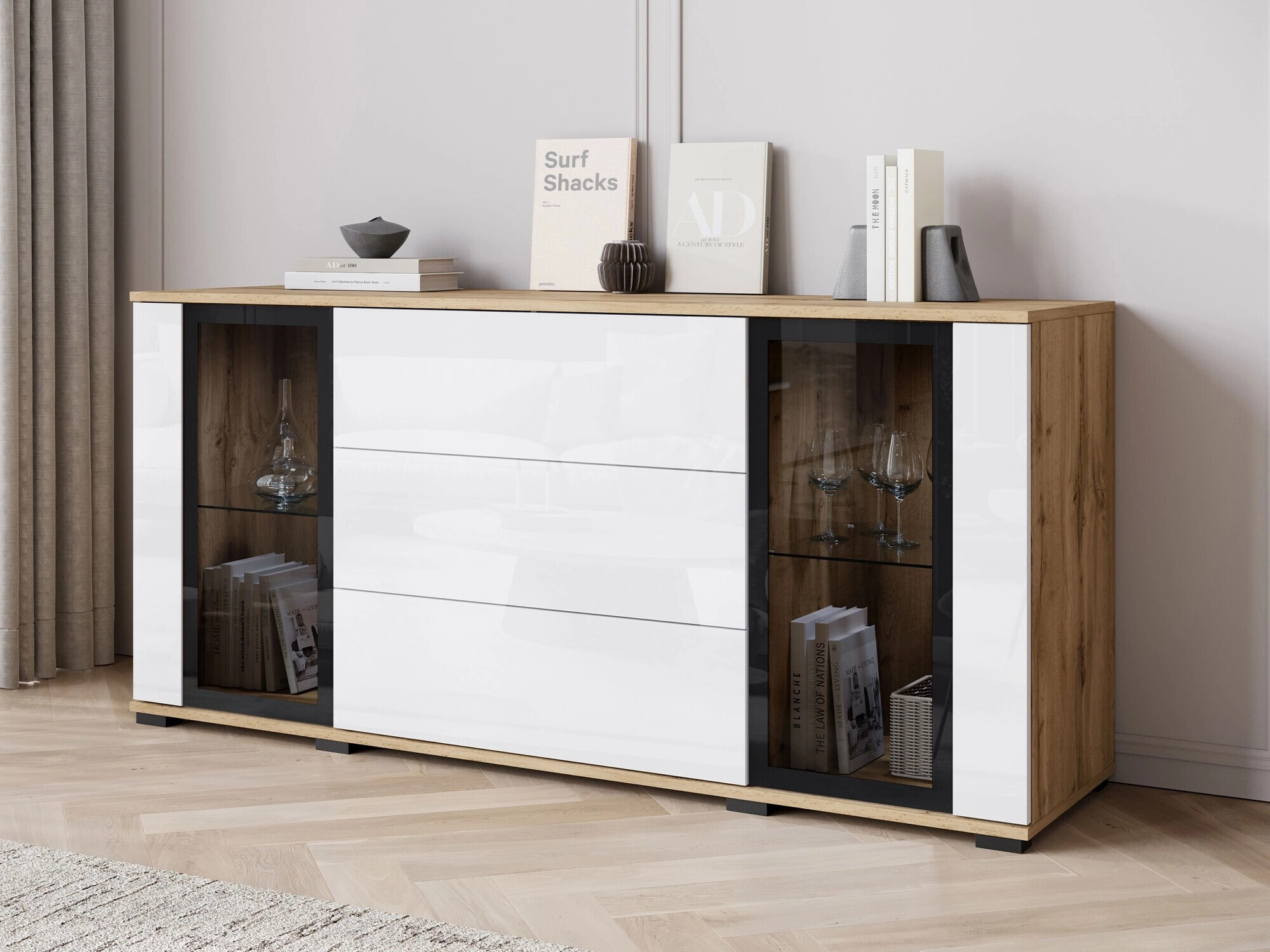 Komoda Torcame 101 (Votan ąžuolas + Blizgi balta)