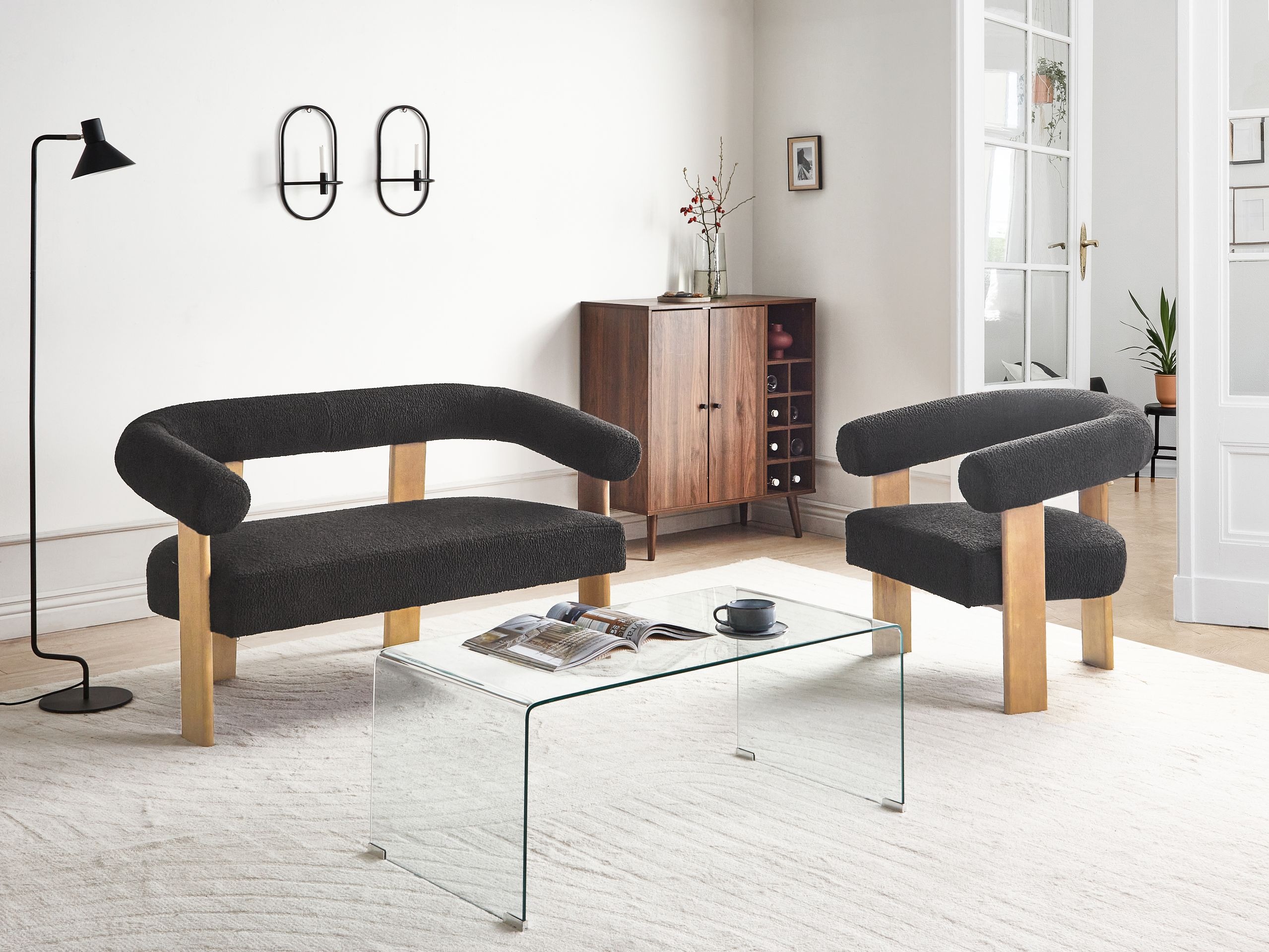 Minkštų baldų komplektas Berwyn 2710 (Juoda + Šviesus medis)