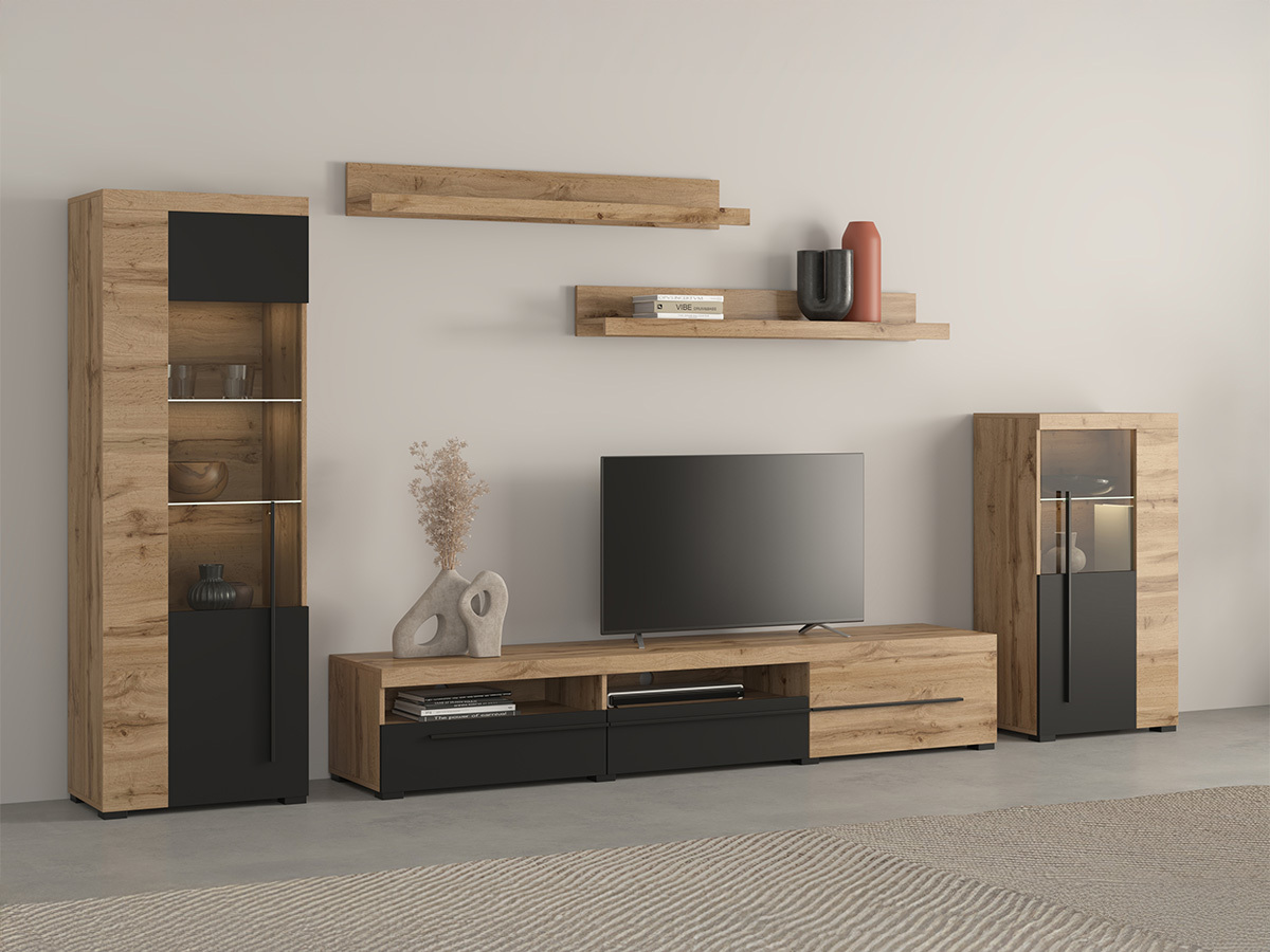 Svetainės komplektas Sorciro 103 (Juoda + Votan ąžuolas)