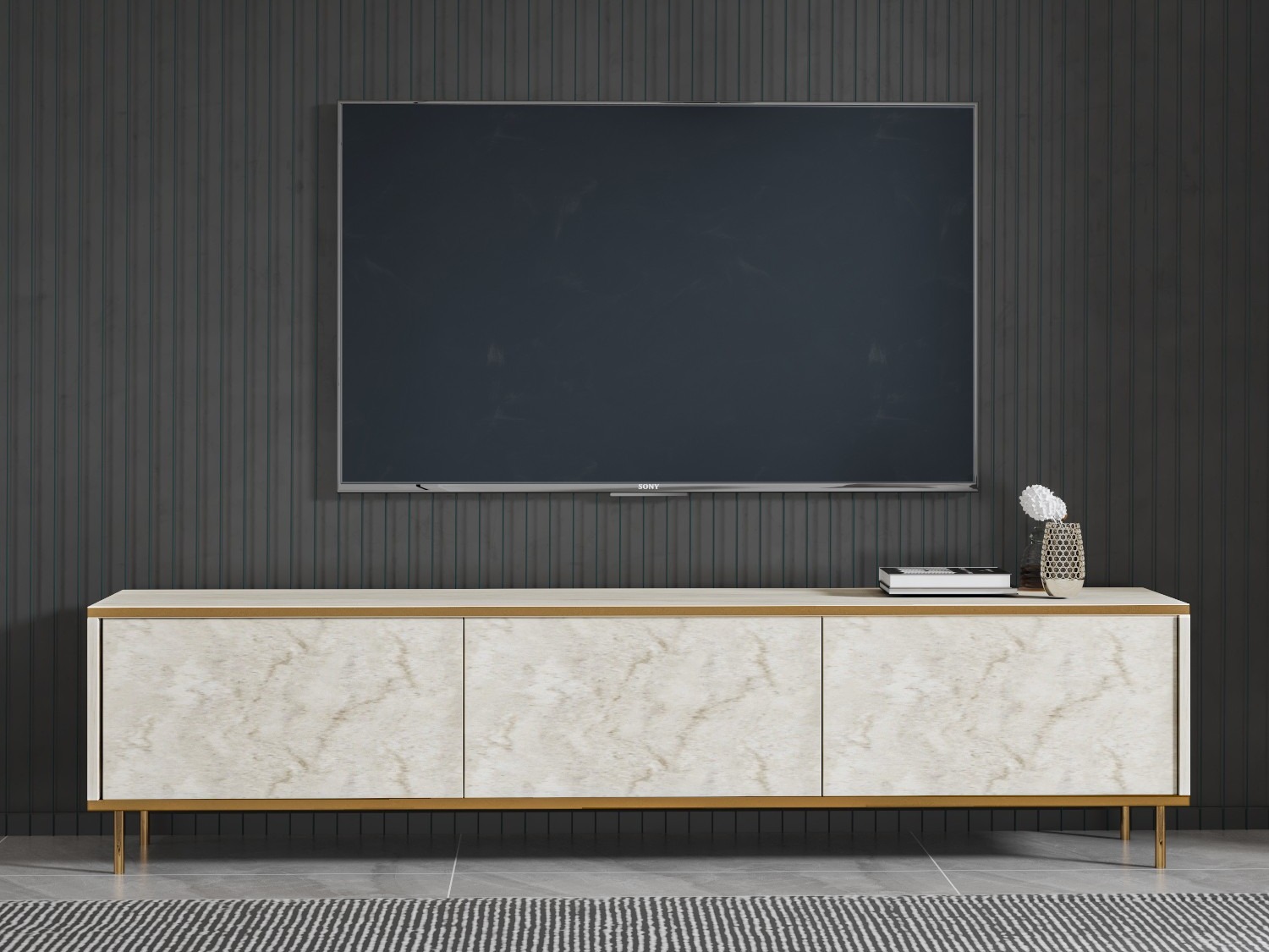 TV staliukas Kailua 2573 (Šviesi Travertine + Auksinė)