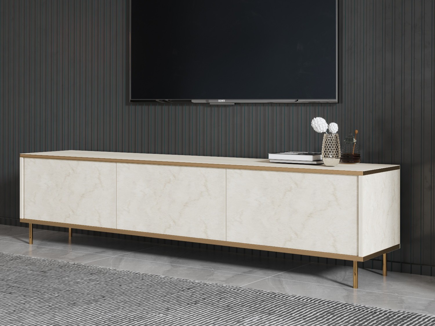 TV staliukas Kailua 2573 (Šviesi Travertine + Auksinė)