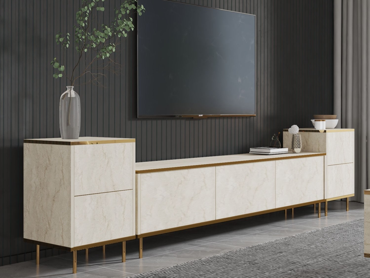 TV staliukas Kailua 2574 (Šviesi Travertine + Auksinė)