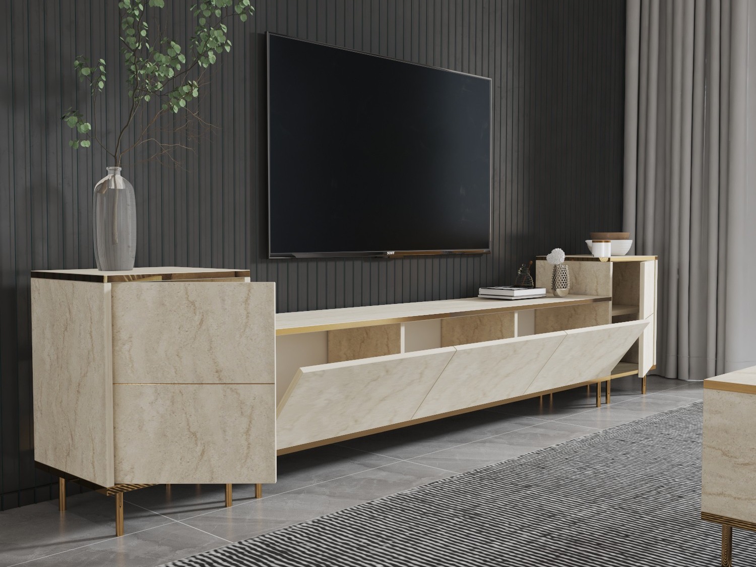 TV staliukas Kailua 2574 (Šviesi Travertine + Auksinė)