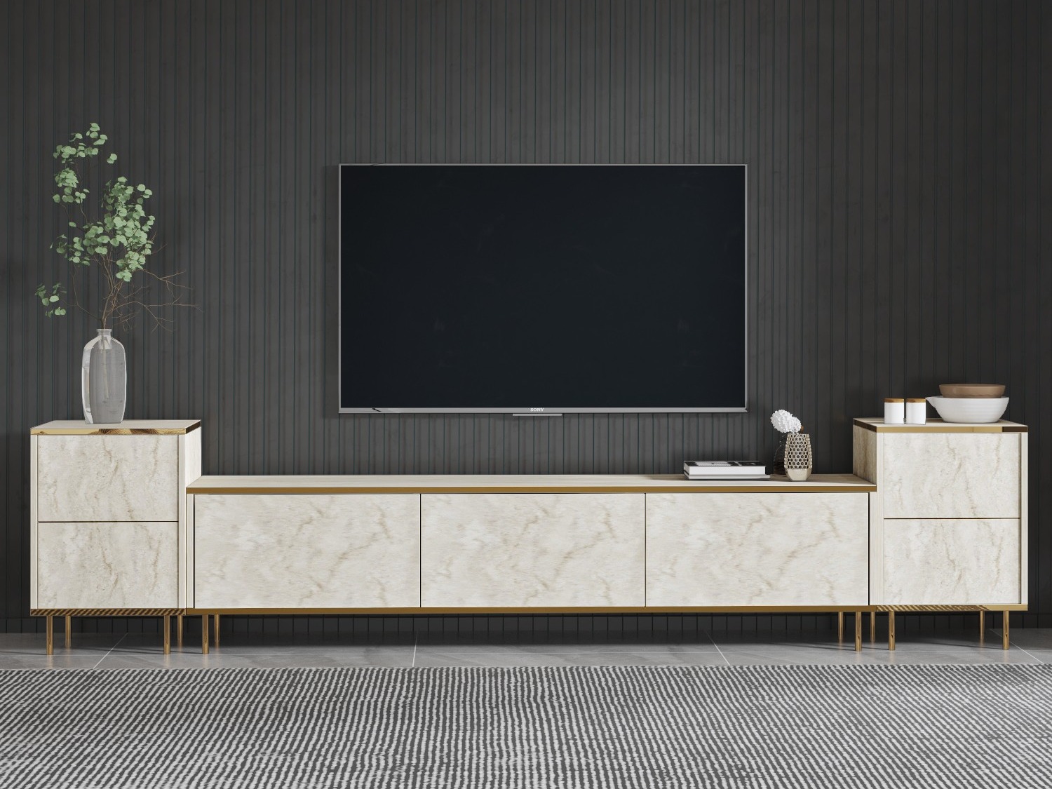 TV staliukas Kailua 2574 (Šviesi Travertine + Auksinė)