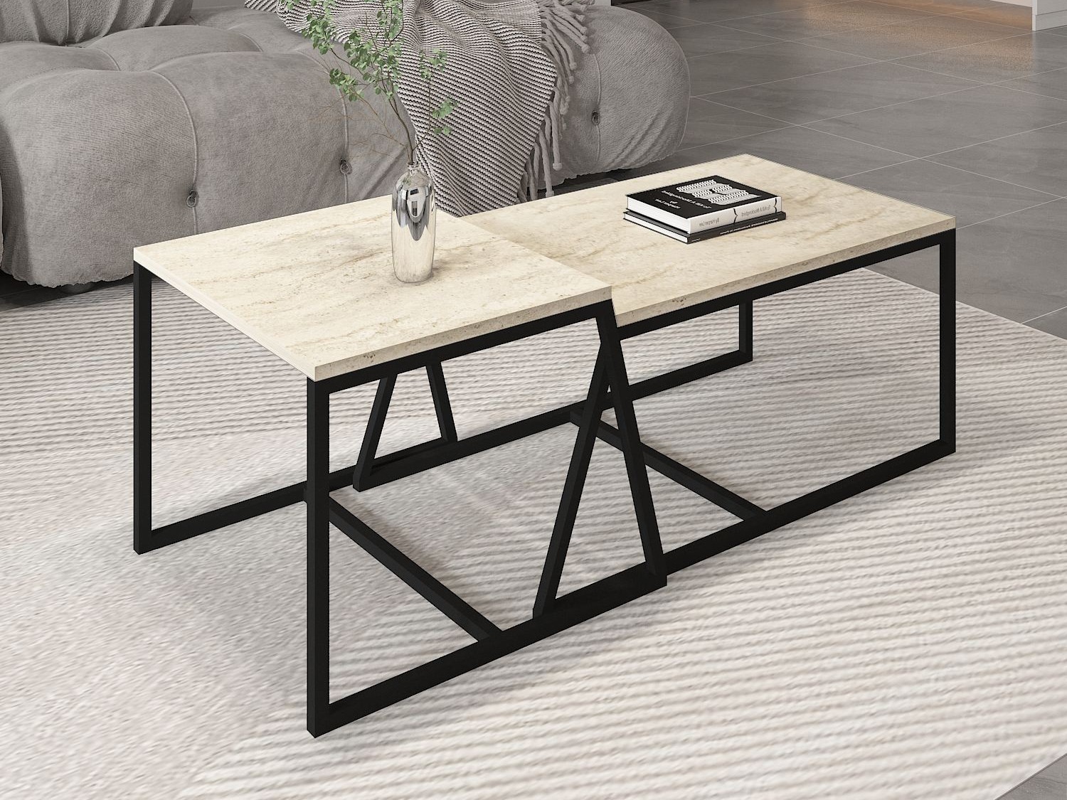 Žurnalinių staliukų komplektas Kailua 1804 (Šviesi Travertine + Juoda)