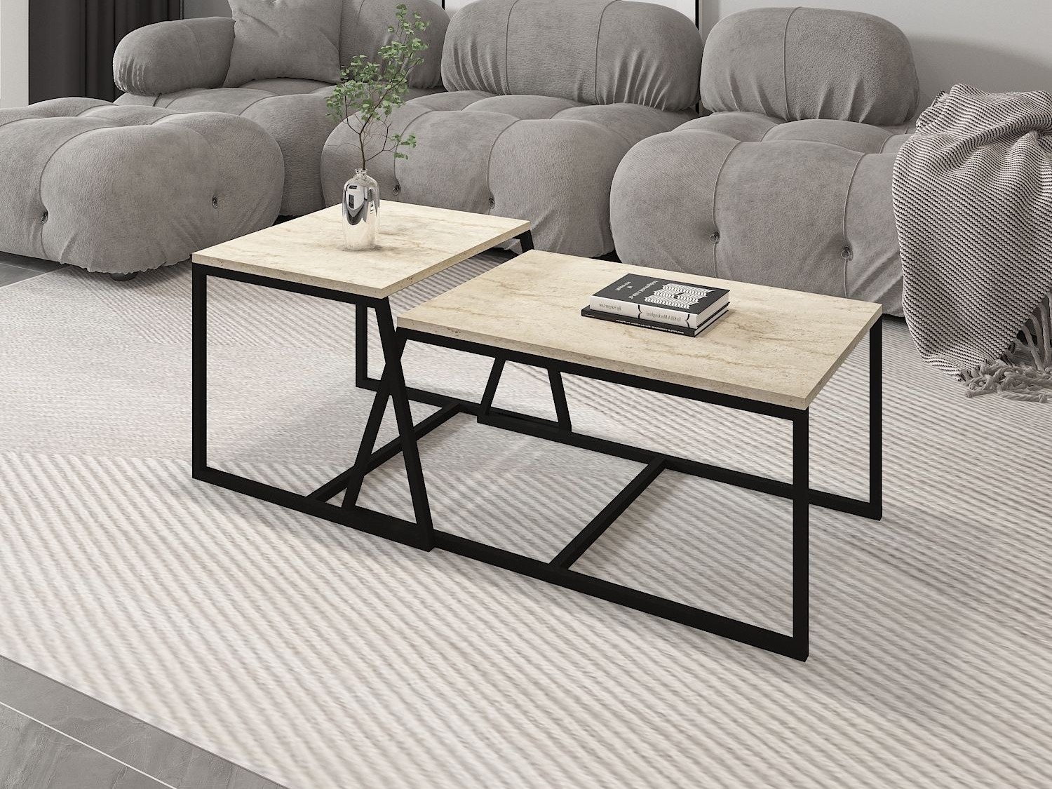 Žurnalinių staliukų komplektas Kailua 1804 (Šviesi Travertine + Juoda)