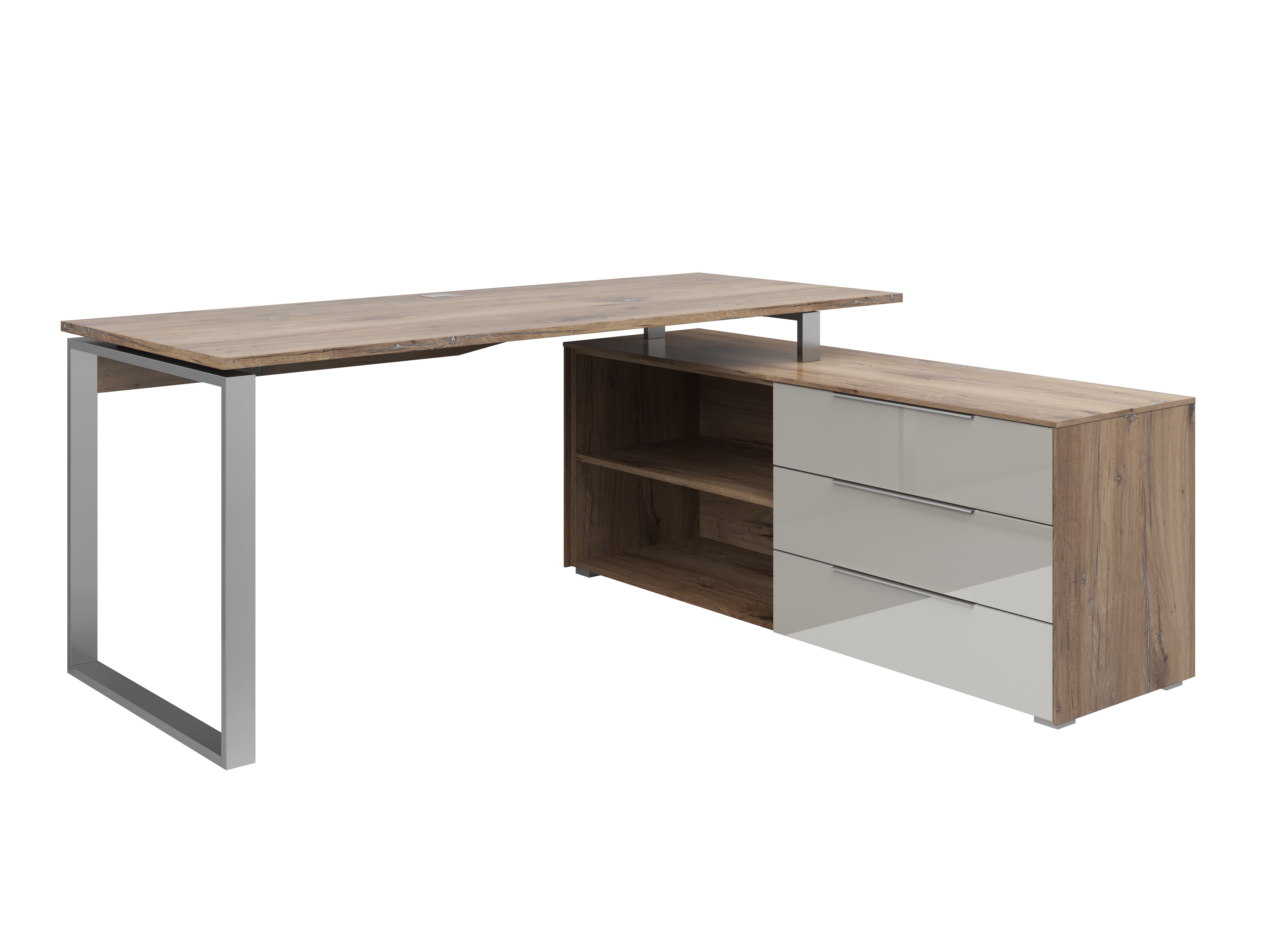 Kampinis darbo stalas Tentoru 111 (Blizgi pilka + Tamsus Flagstaf ąžuolas)