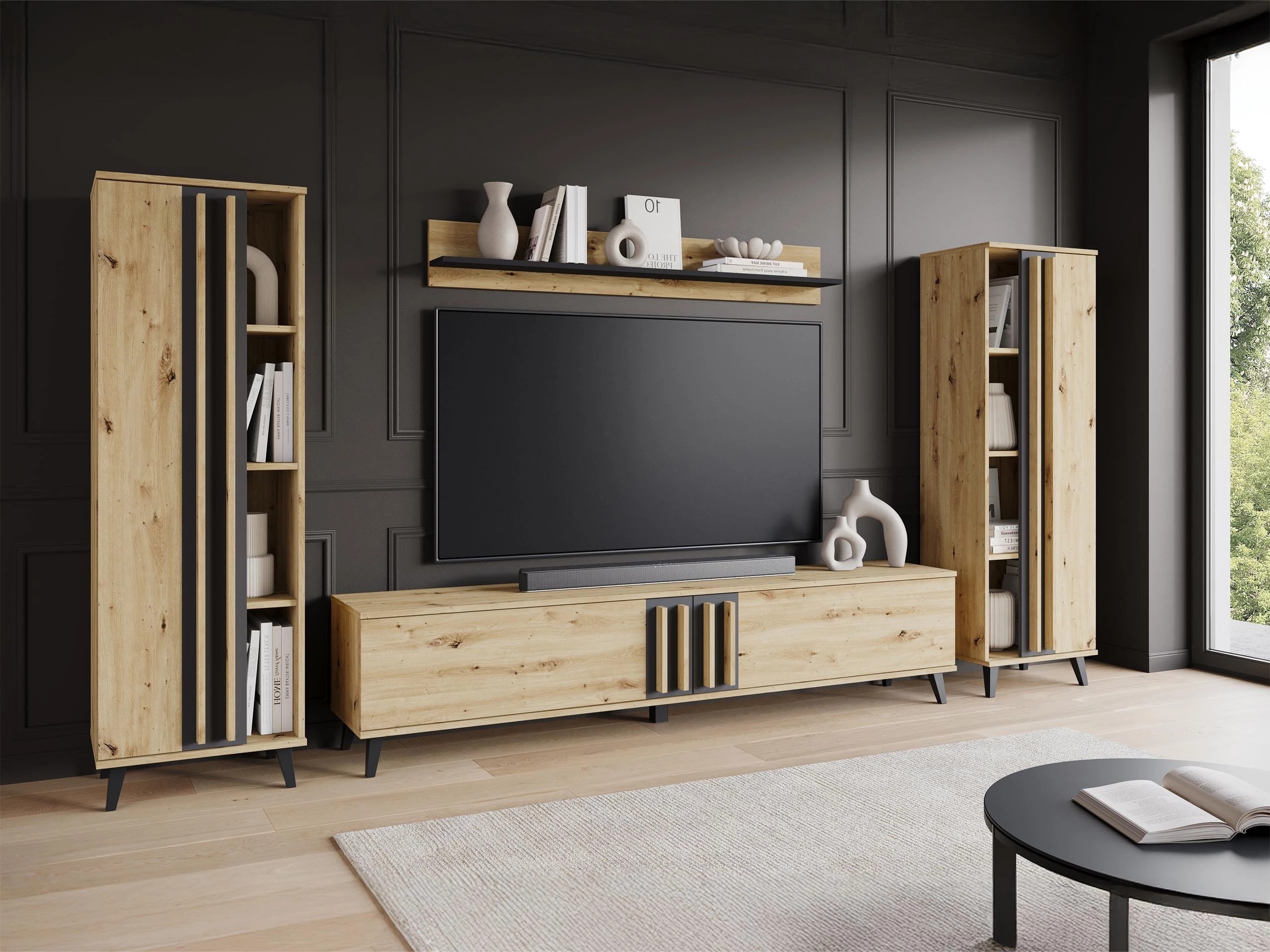 Svetainės komplektas Facetor (Artisan ąžuolas + Grafitas)