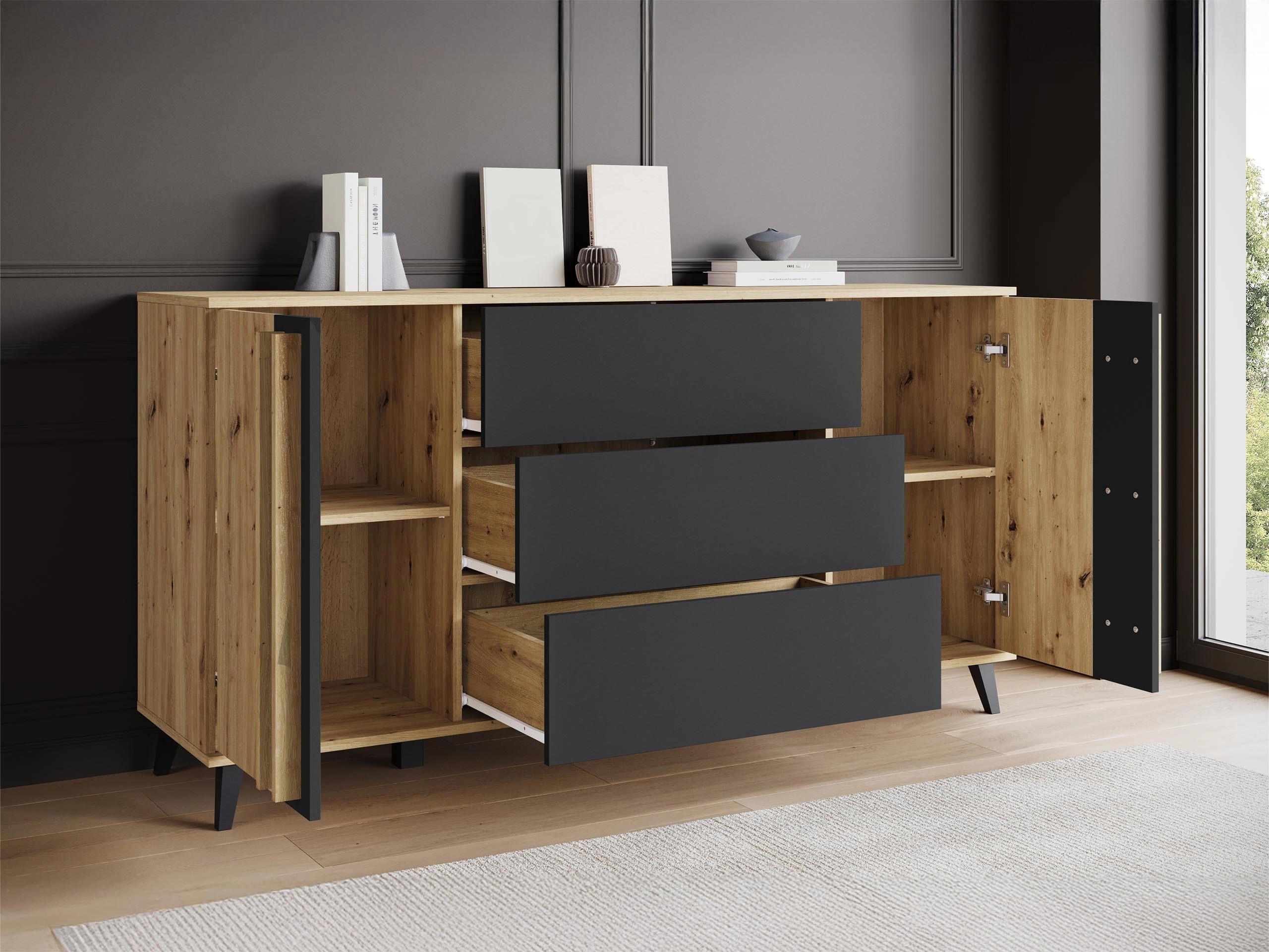 Svetainės komplektas Facetor III (Artisan ąžuolas + Grafitas)