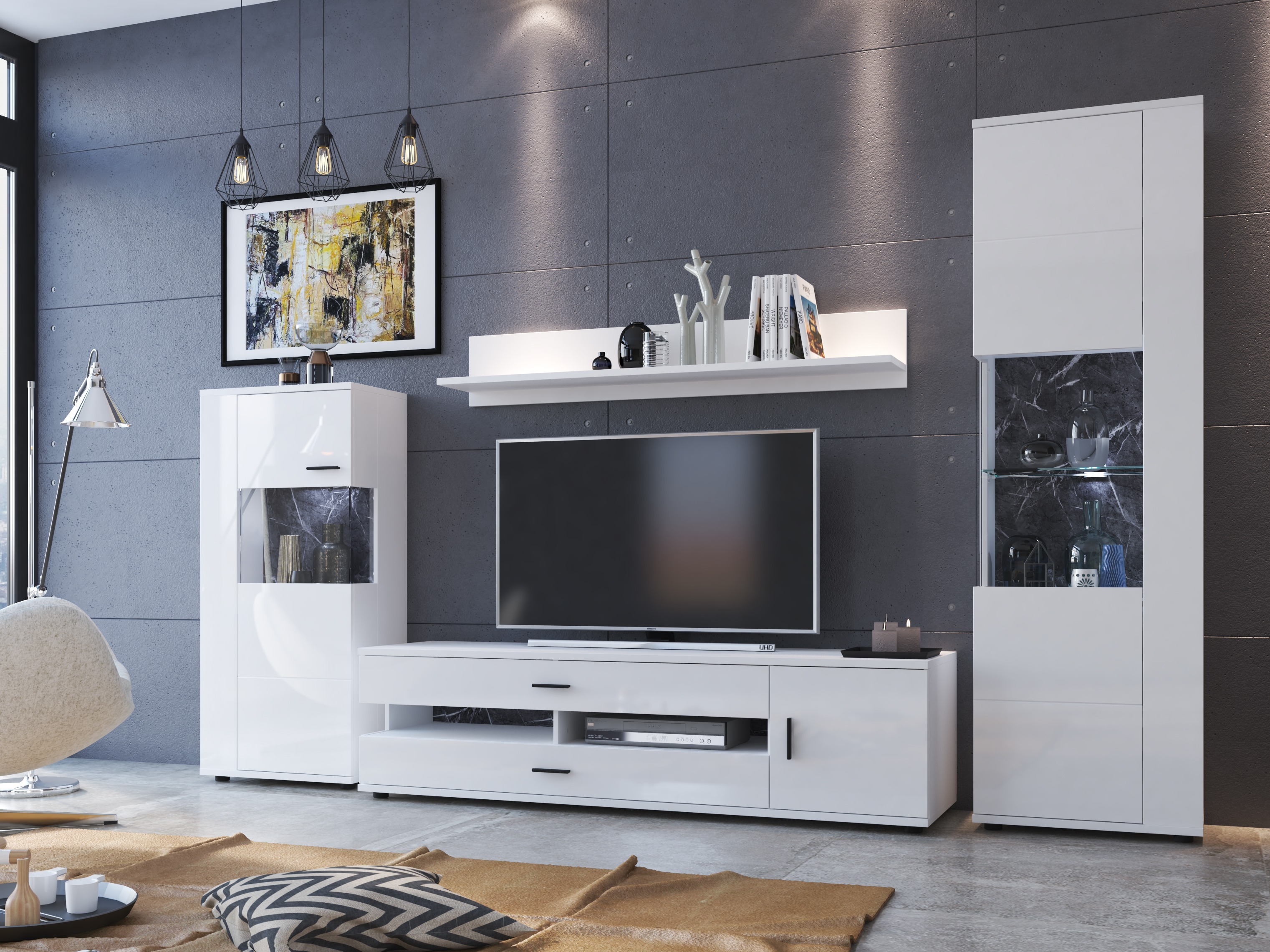 Svetainės komplektas Ontario 161 (Blizgi balta + Balta)