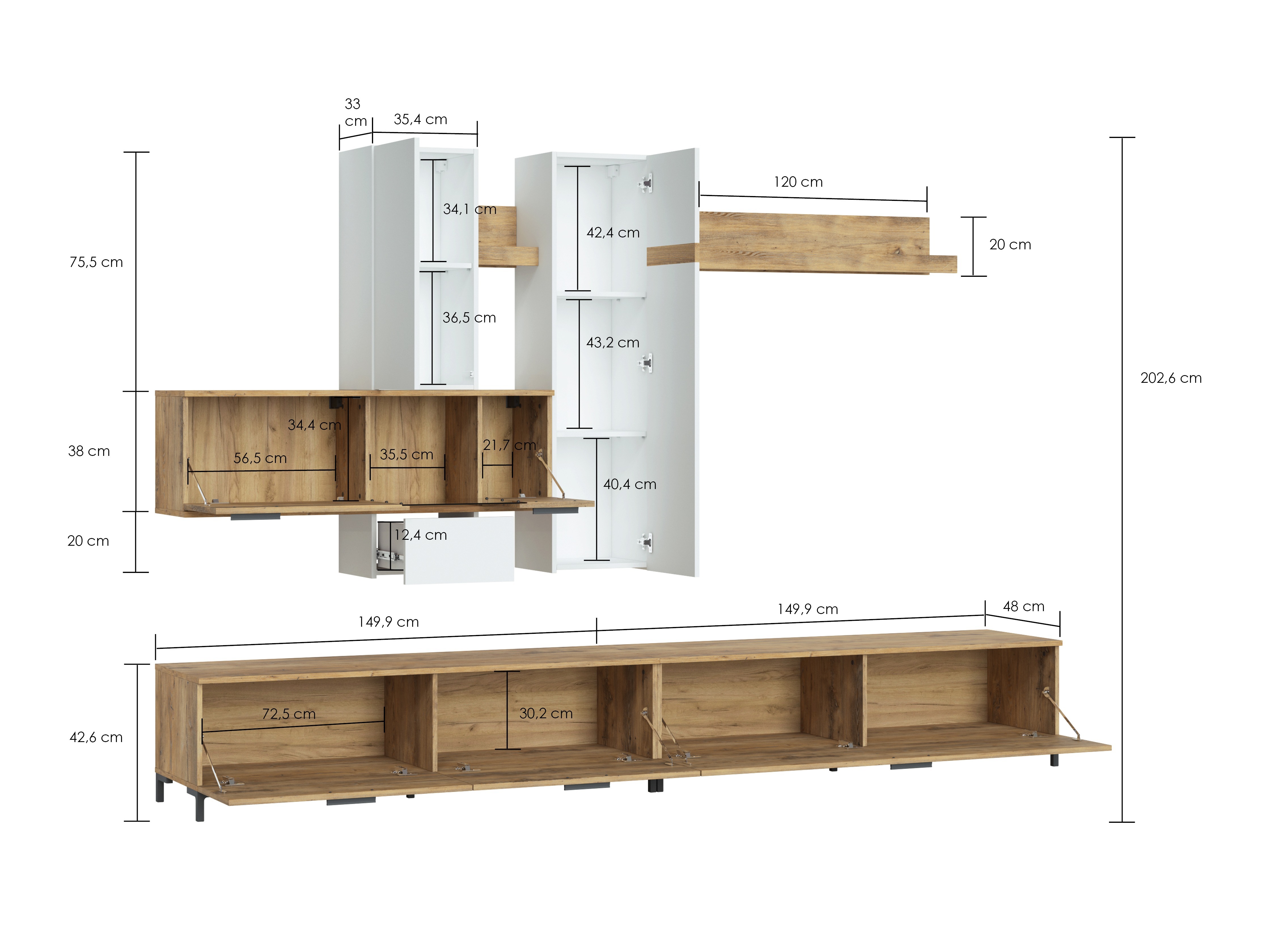 Svetainės komplektas Salnola 105 (Balta + Kaštonas)