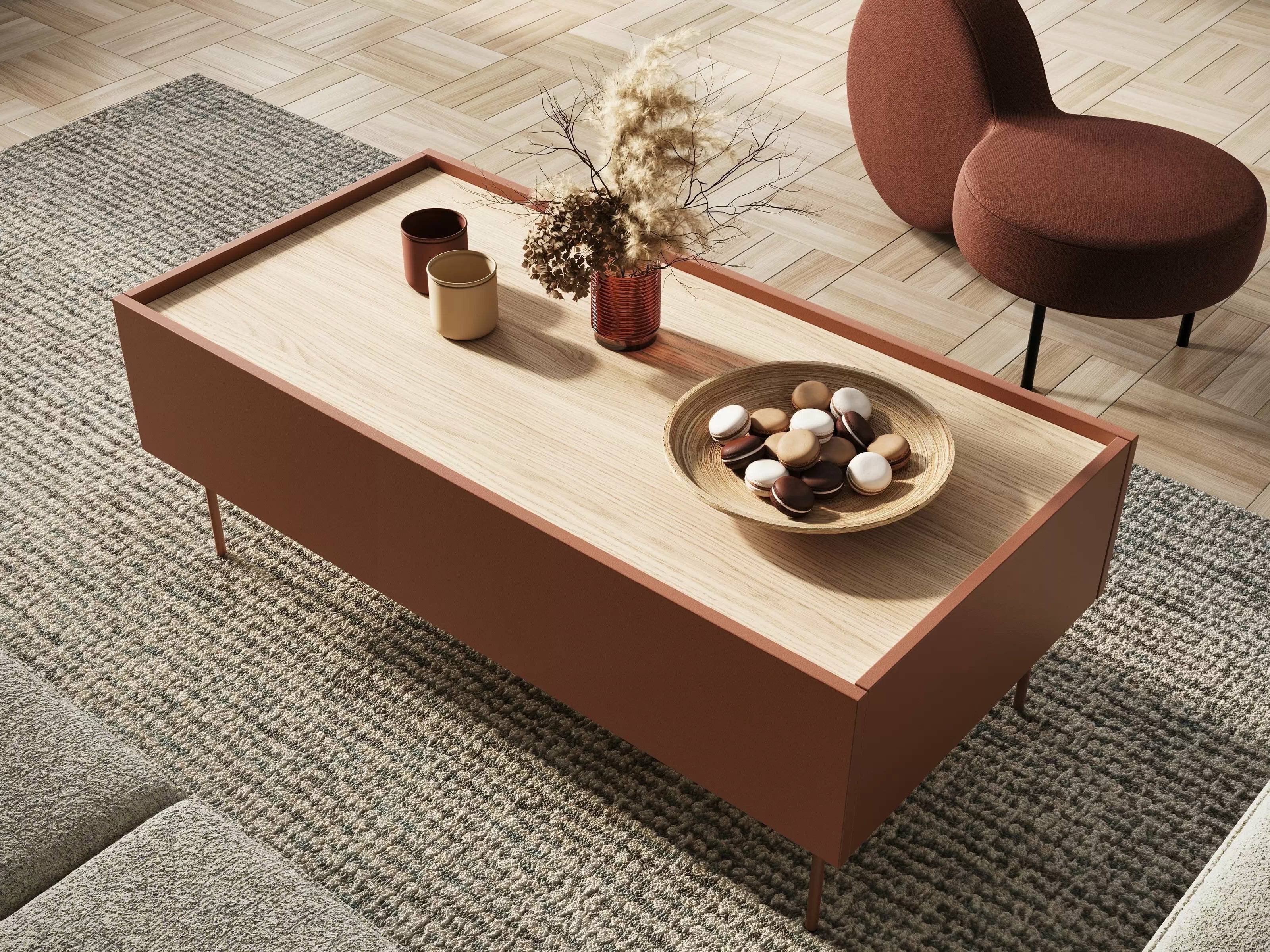 Žurnalinis staliukas Tivdala 108 (Ąžuolas + Matinė raudona)