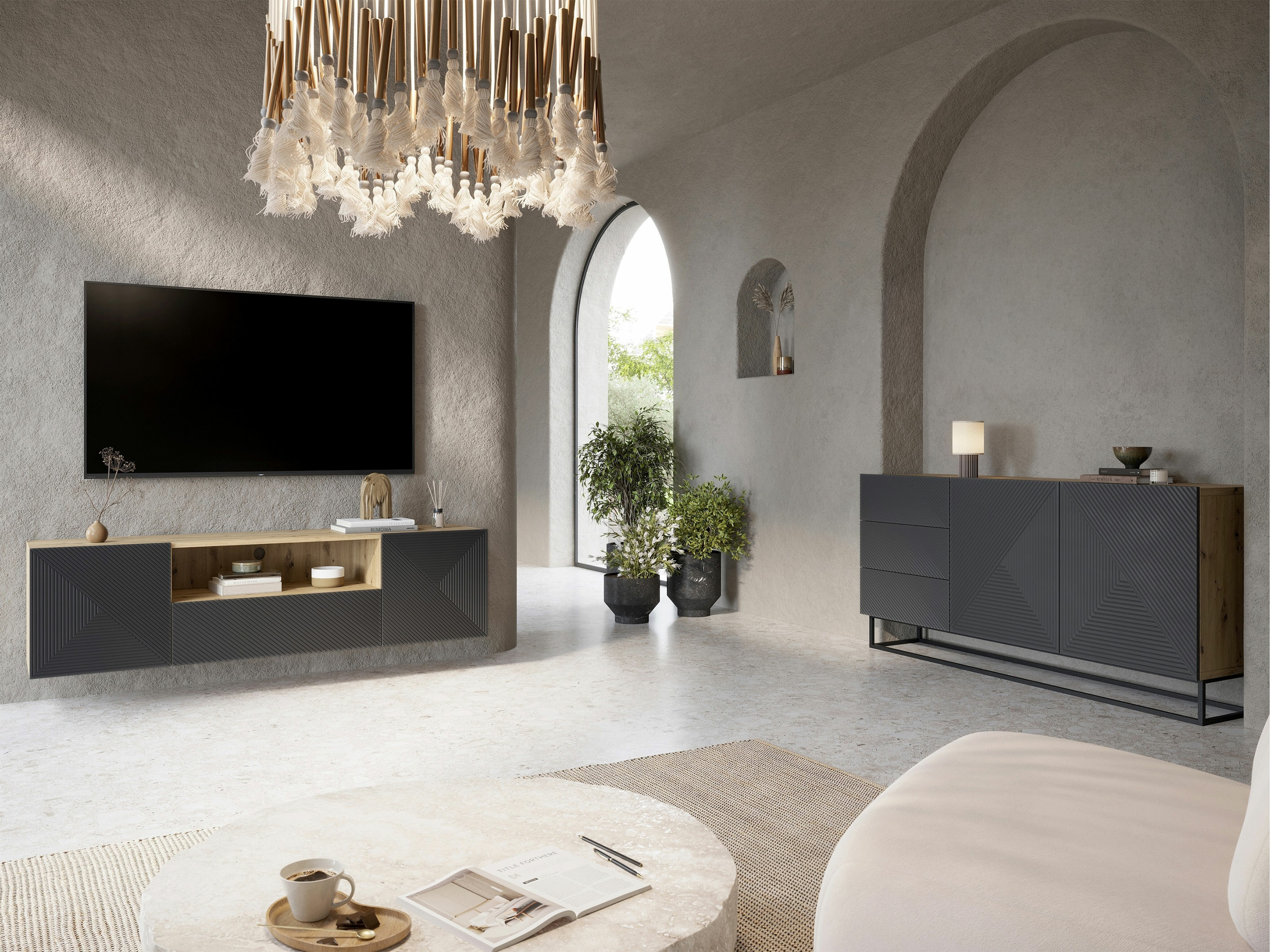 Svetainės komplektas Dortivi 122 (Artisan ąžuolas + Matinė pilka)