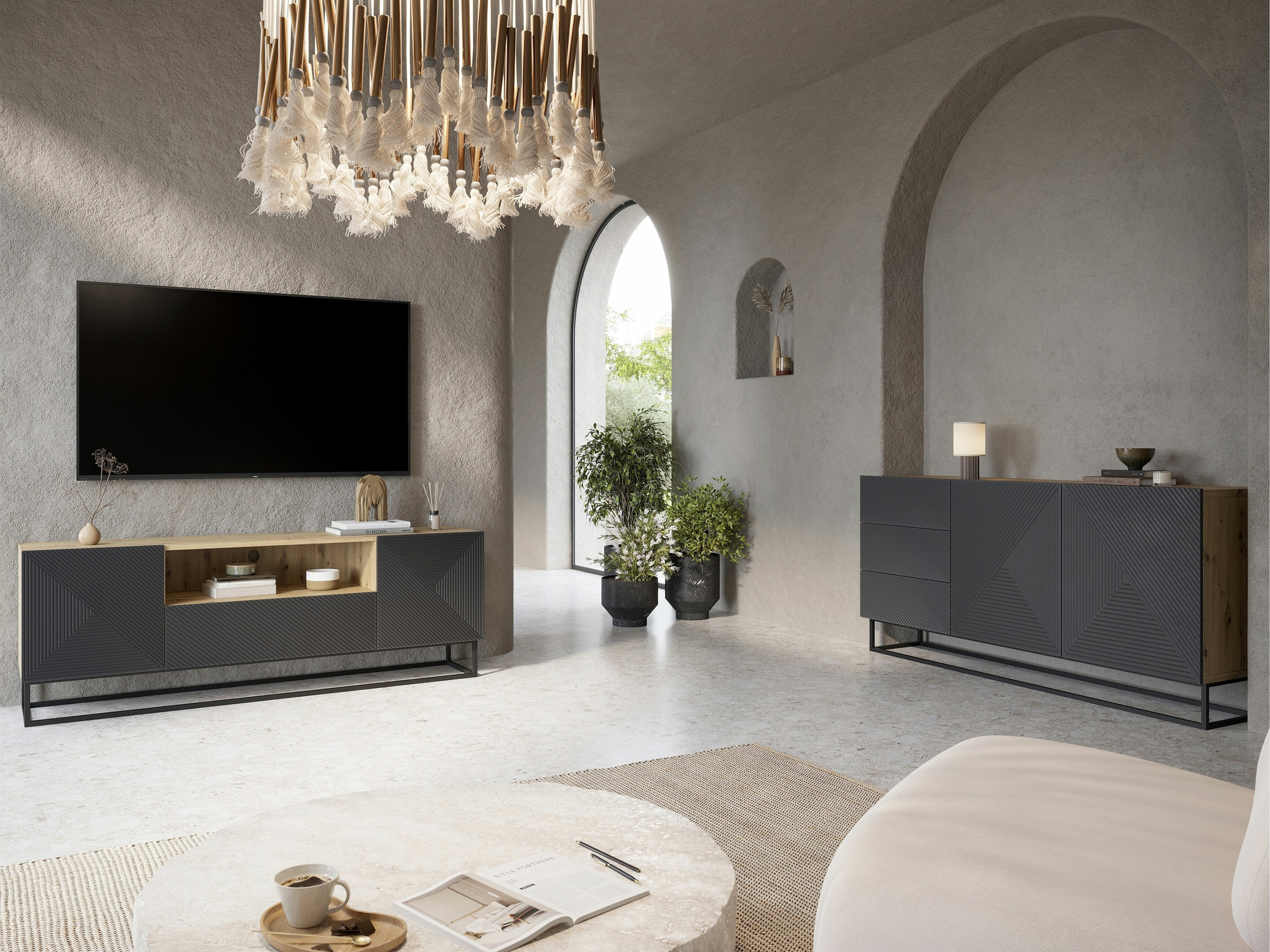 Svetainės komplektas Dortivi 123 (Artisan ąžuolas + Matinė pilka)