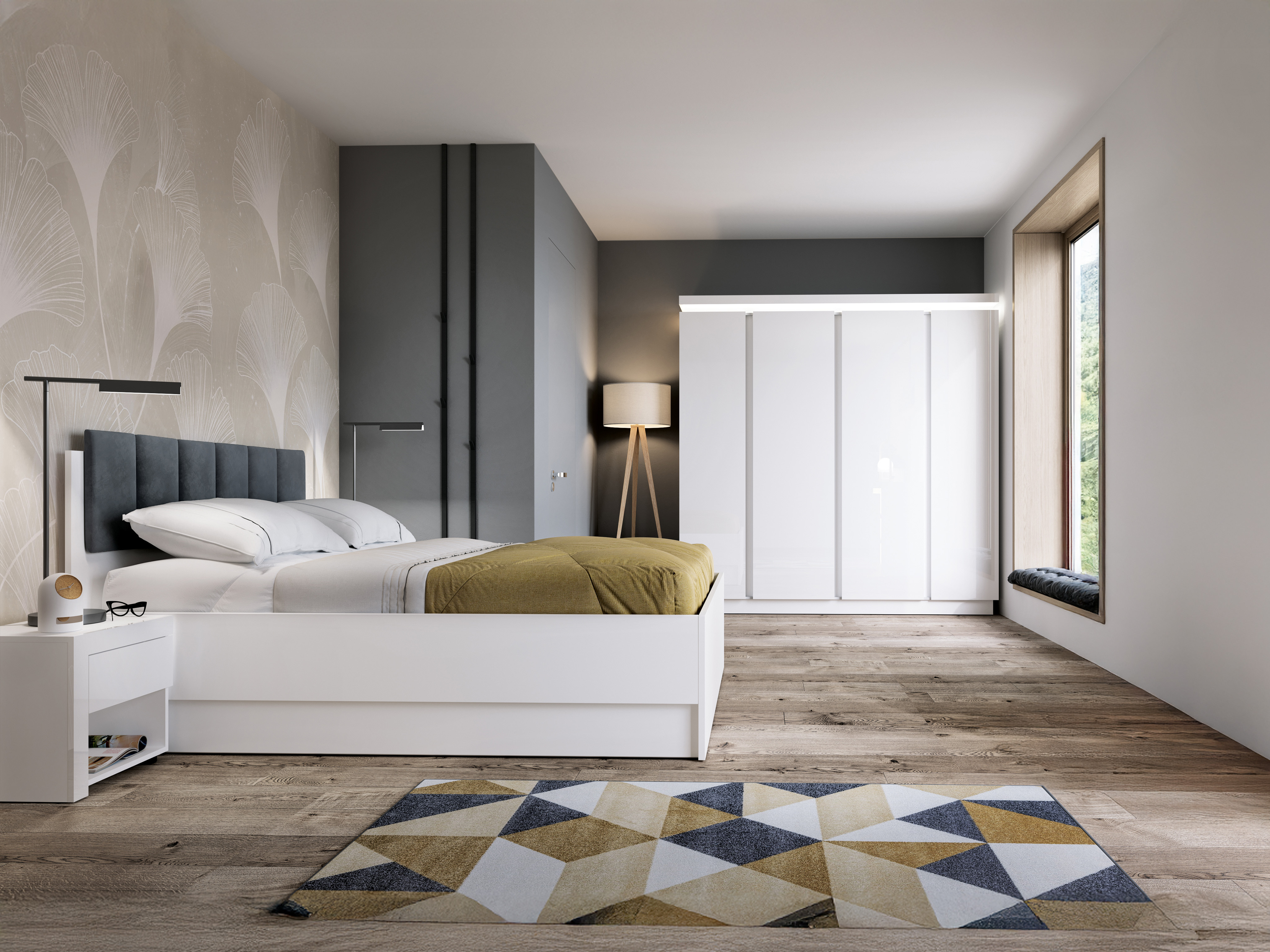 Miegamojo komplektas Feldeli 122 (Balta + Blizgi balta)