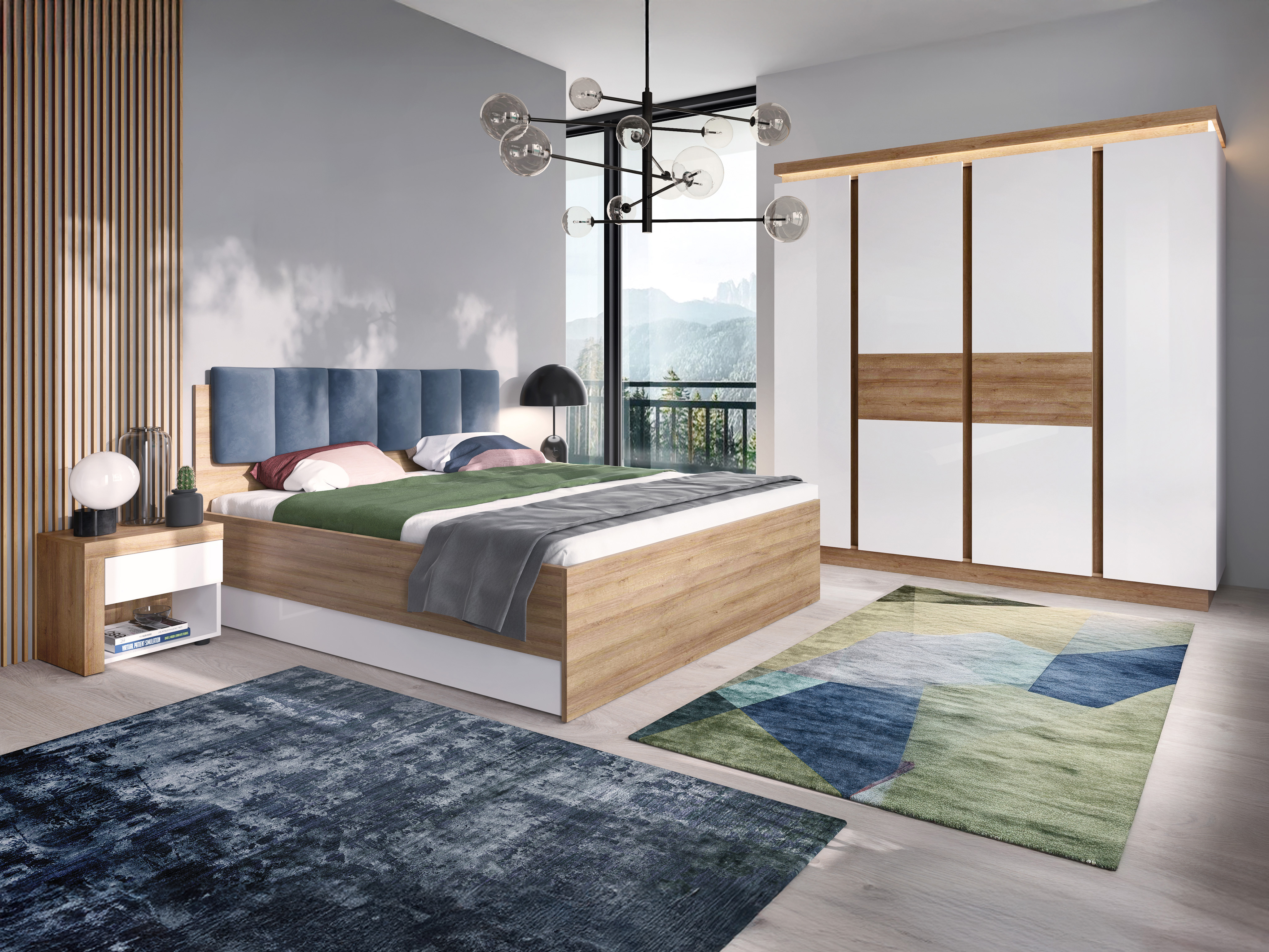 Miegamojo komplektas Feldeli 122 (Riviera ąžuolas + Blizgi balta)