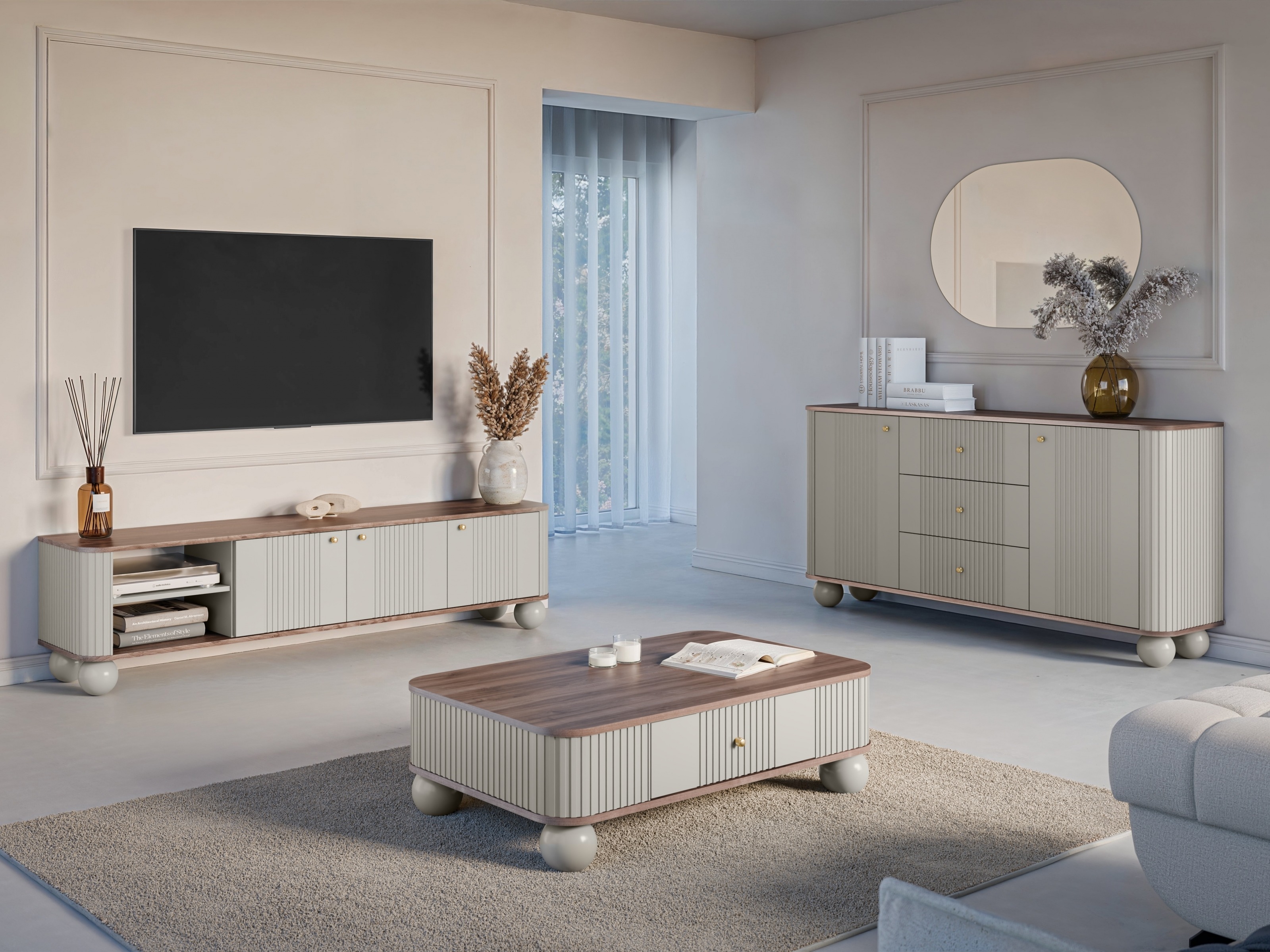 Svetainės komplektas Fioveso 107 (Kašmyras + Riešutas)