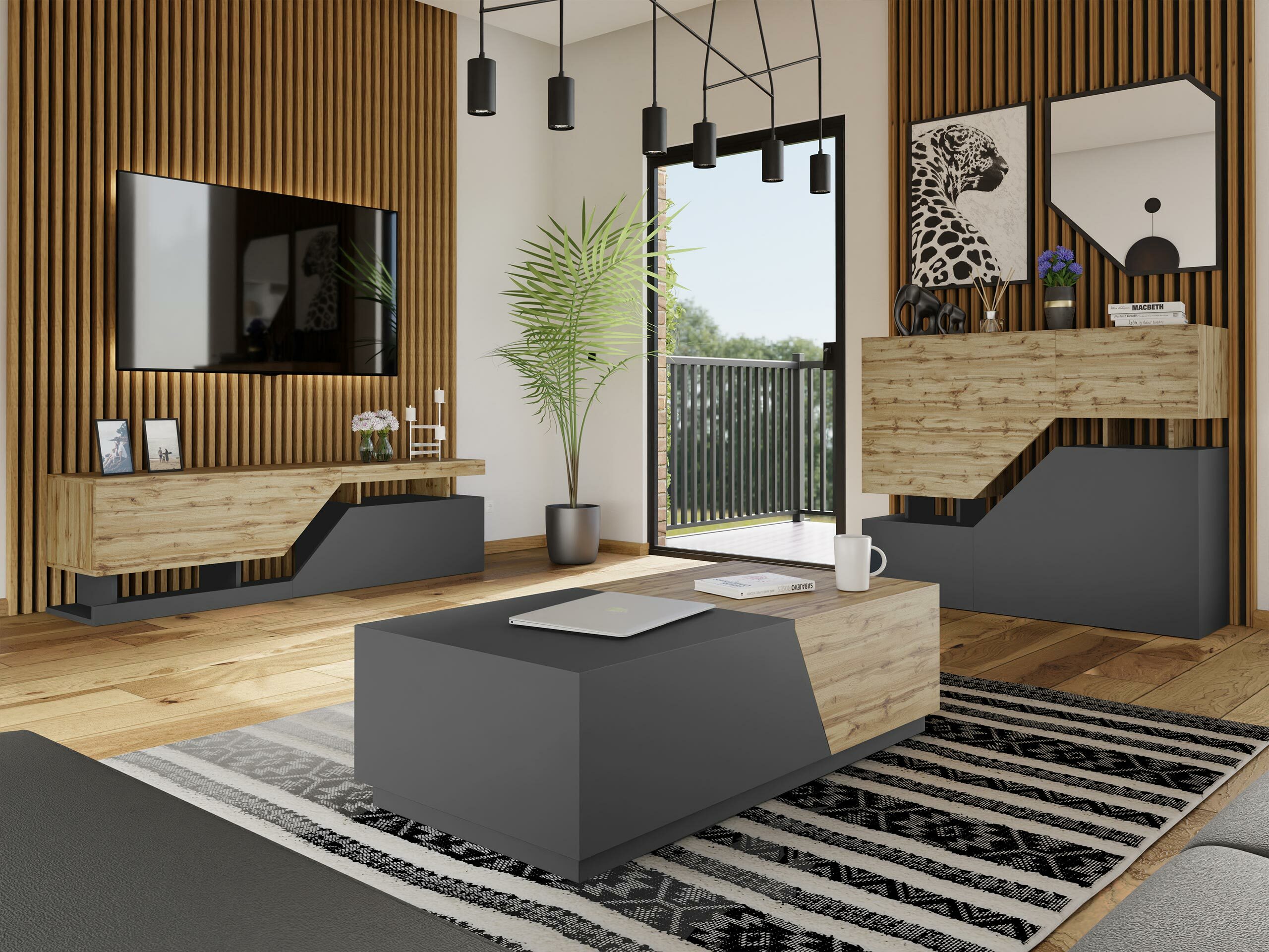 Svetainės komplektas Comfivo Daldune 103 (Votan ąžuolas + Antracitas)