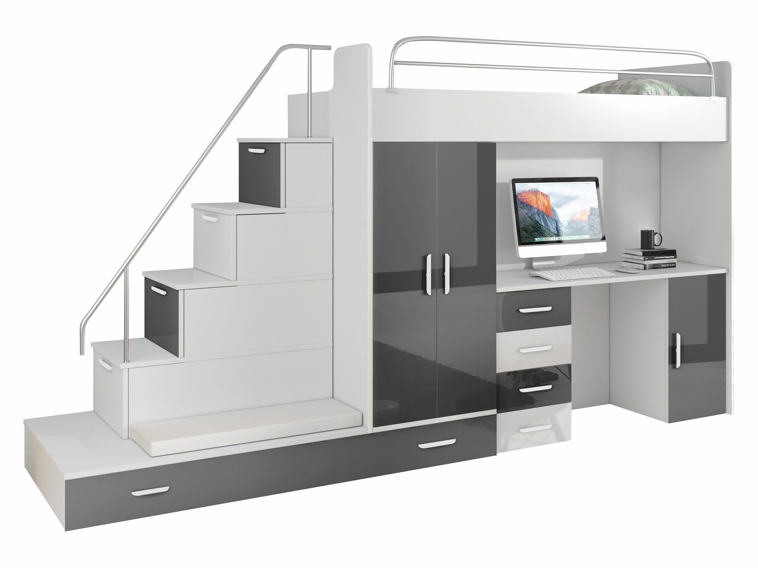 Vaikų kambario komplektas Campus I (Balta + Blizgi balta + Blizgus pilkas)