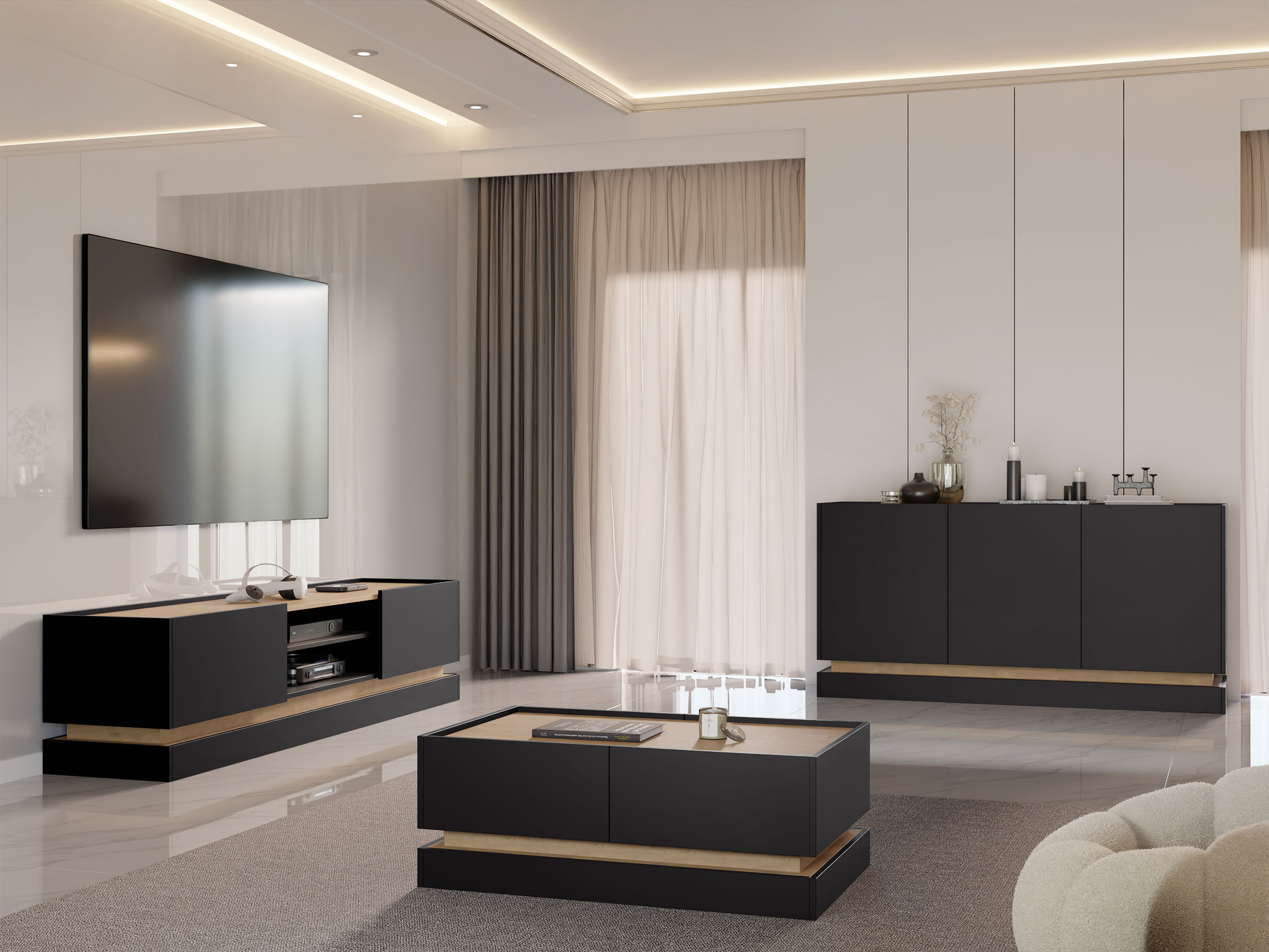 Svetainės komplektas Comfivo Dalvenu 104 (Juoda + Ąžuolas)