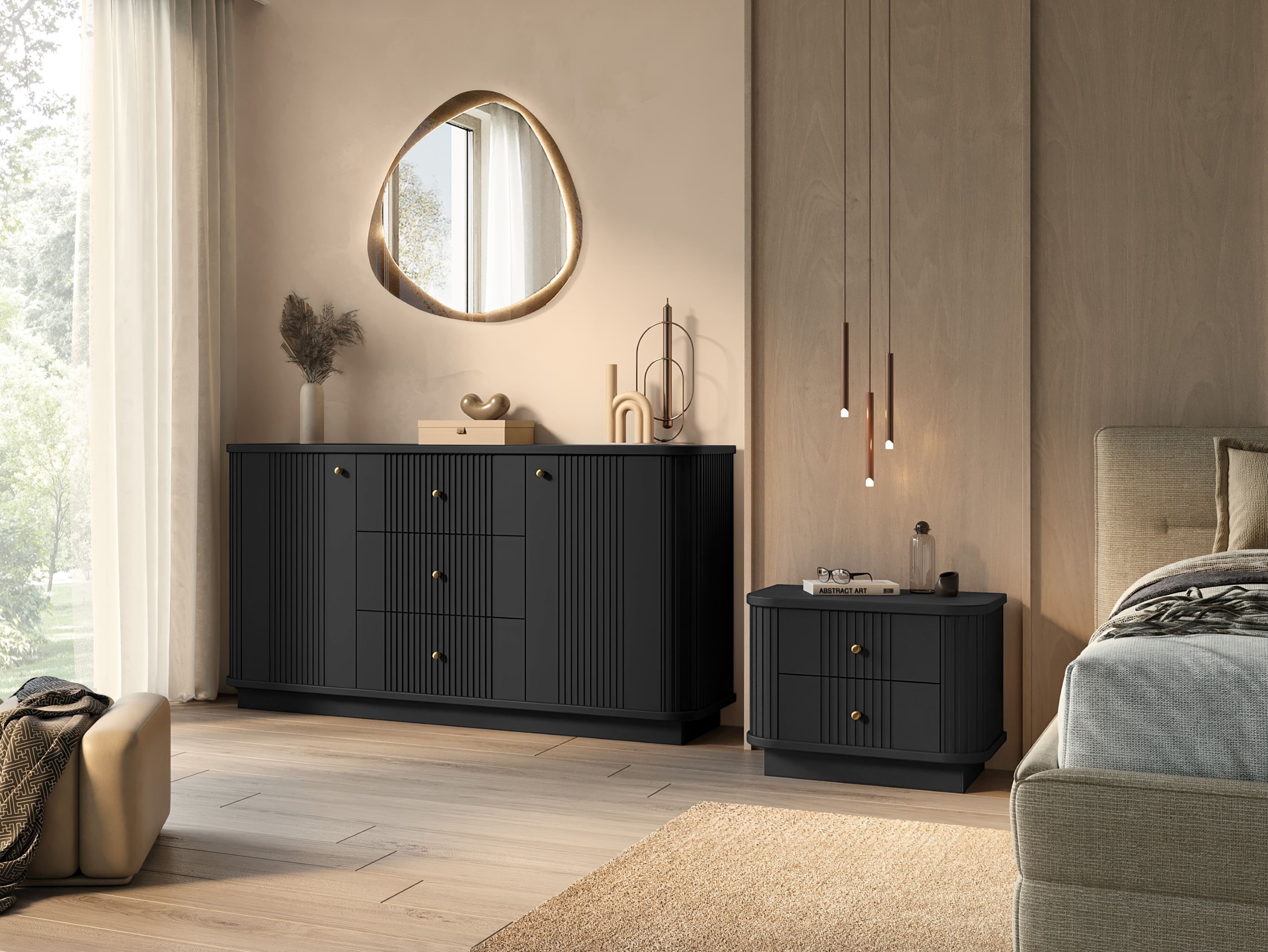 Naktinių staliukų komplektas Levfene 105 (Juoda)