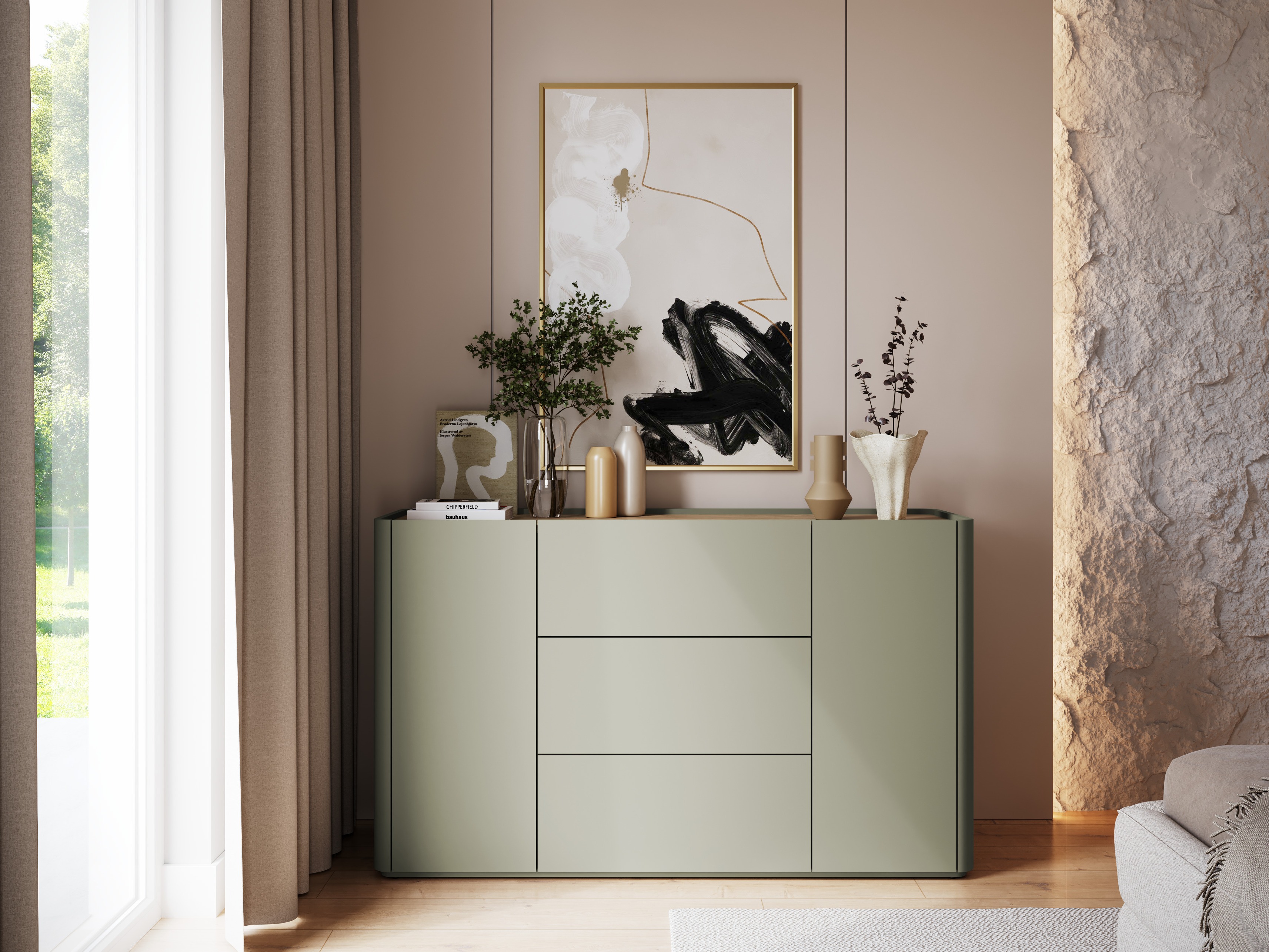 Komoda Elbmira 104 (Dusty žalia + Ąžuolas)