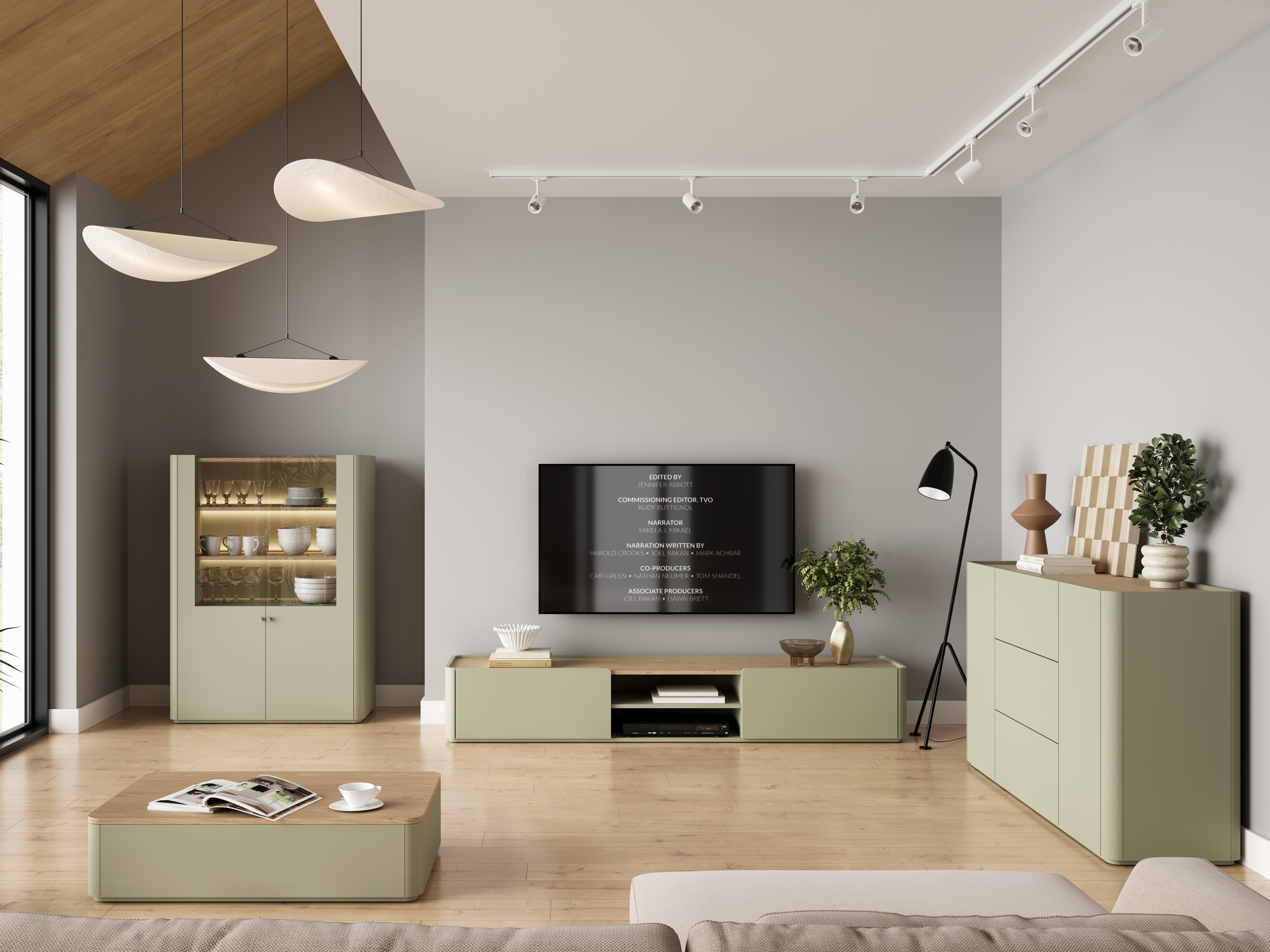 Svetainės komplektas Elbmira 110 (Dusty žalia + Ąžuolas)